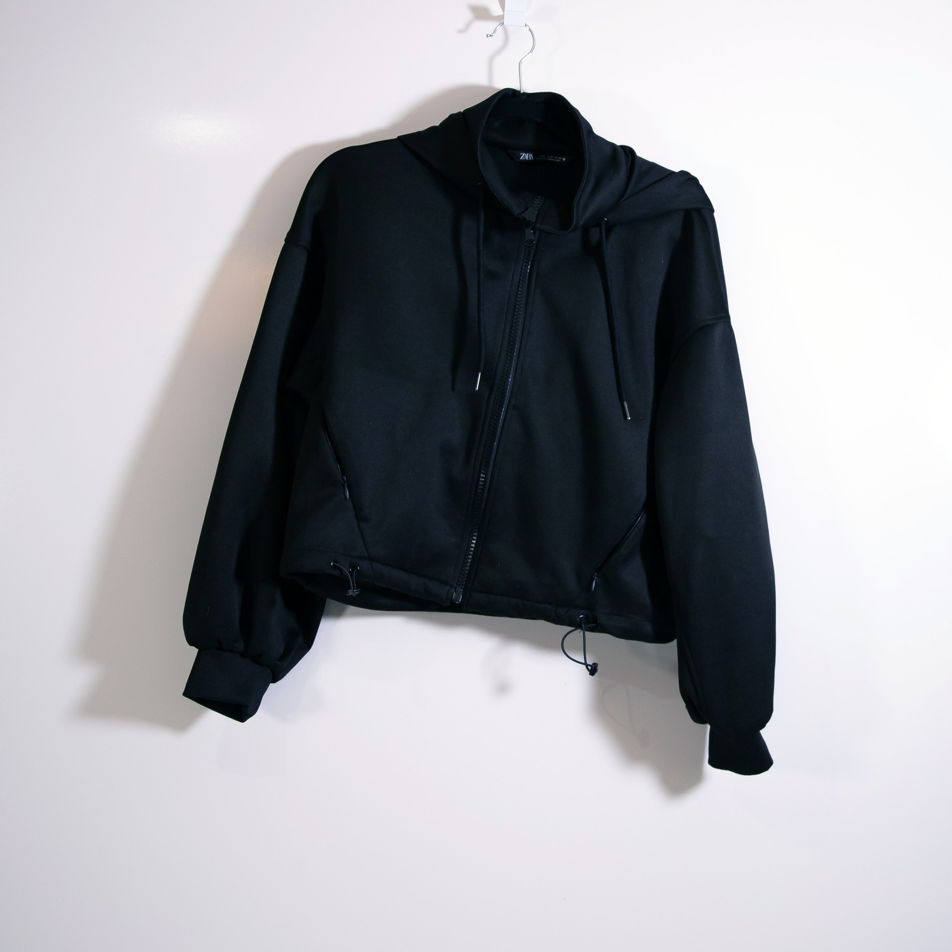 Zara Women's Athletic Heavyweight Full Zip Cropped Hoodie Hooded Jacket Black S