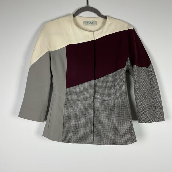 Fendi Made In Italy Wool Silk Crepe Woven Colorblock Snap Button Blazer Jacket