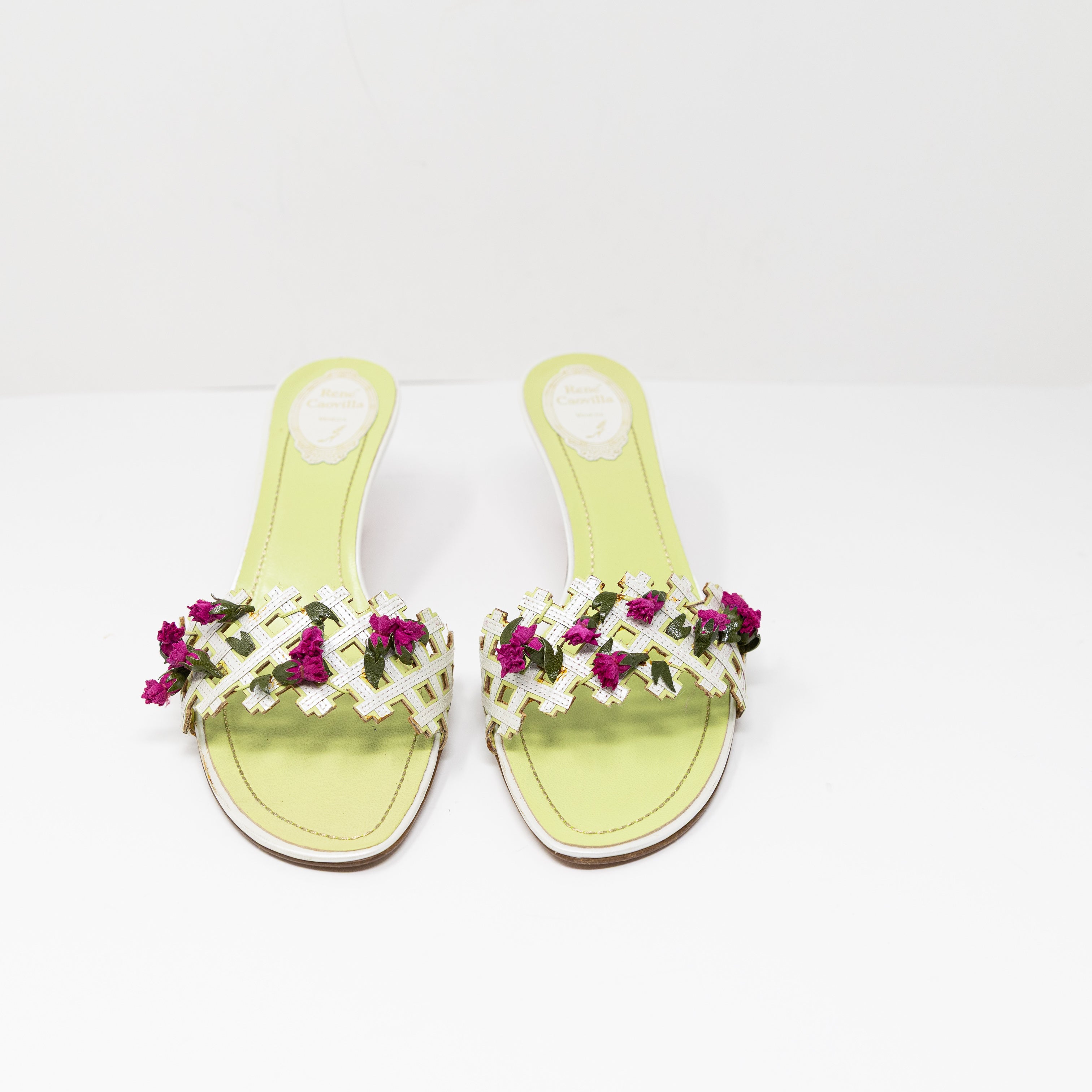 Rene Caovilla Genuine Leather Lattice Perforated 3D Floral Embellished Heels 40