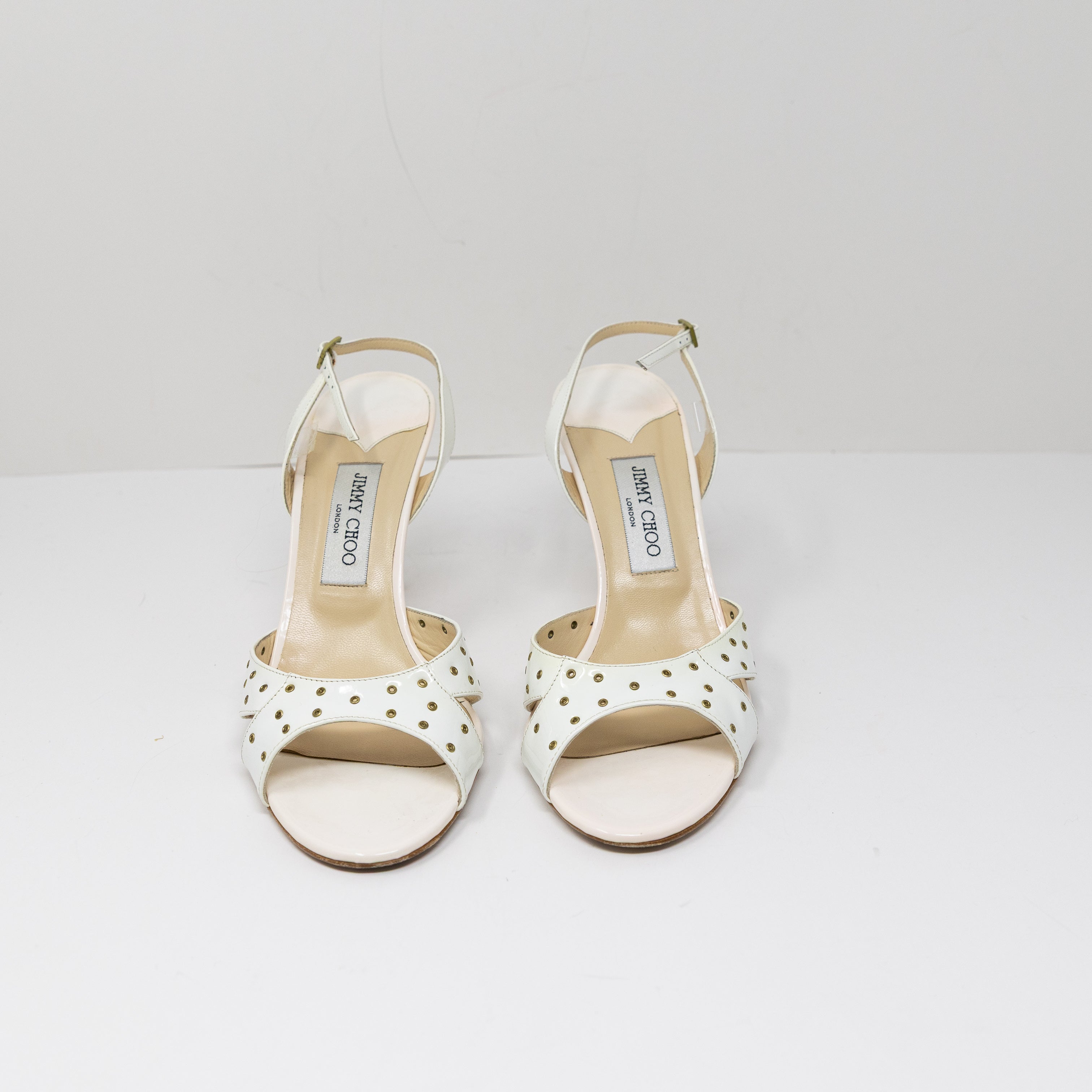 Jimmy Choo Patent Leather Perforated Open Toe Ankle Strap High Heels Shoes White
