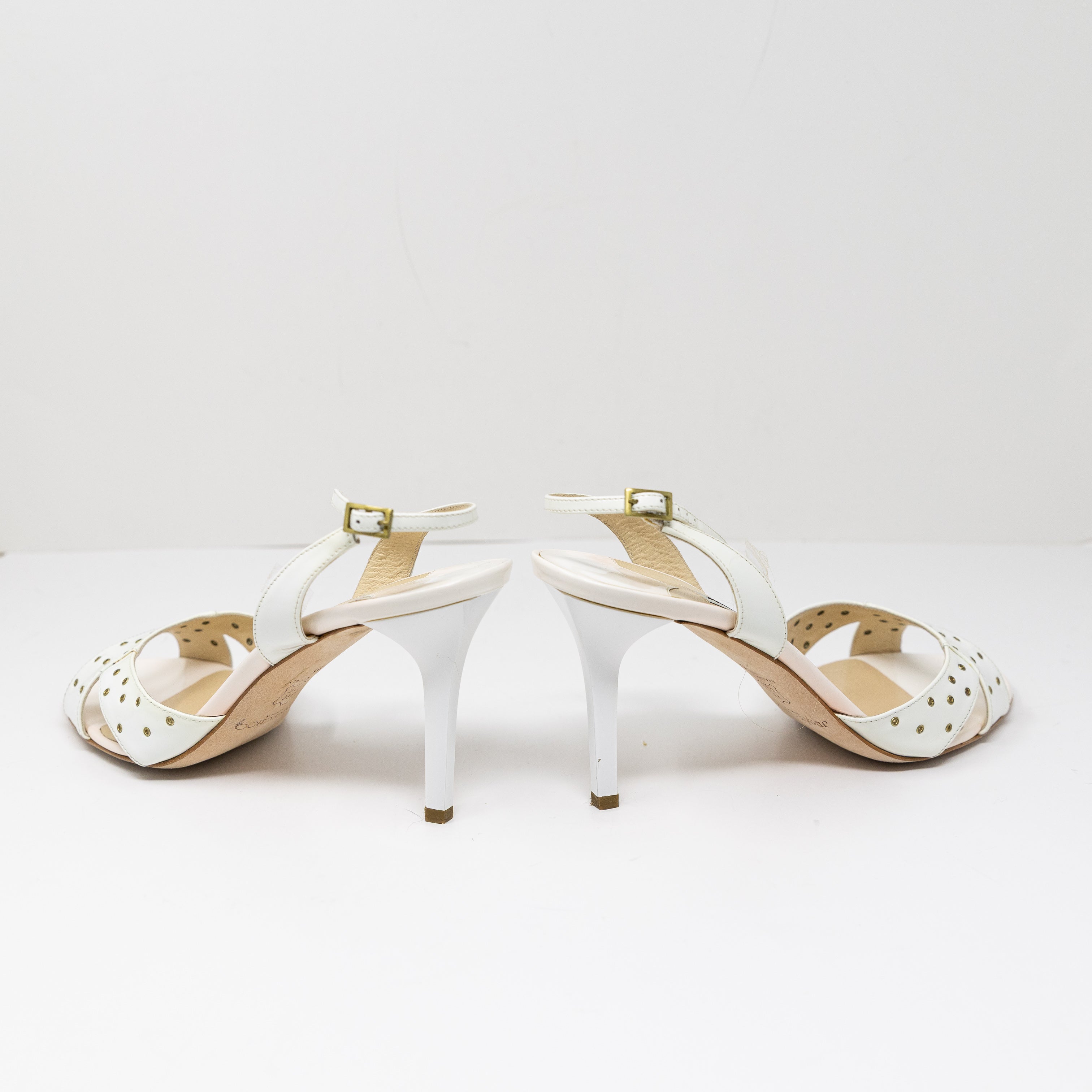 Jimmy Choo Patent Leather Perforated Open Toe Ankle Strap High Heels Shoes White