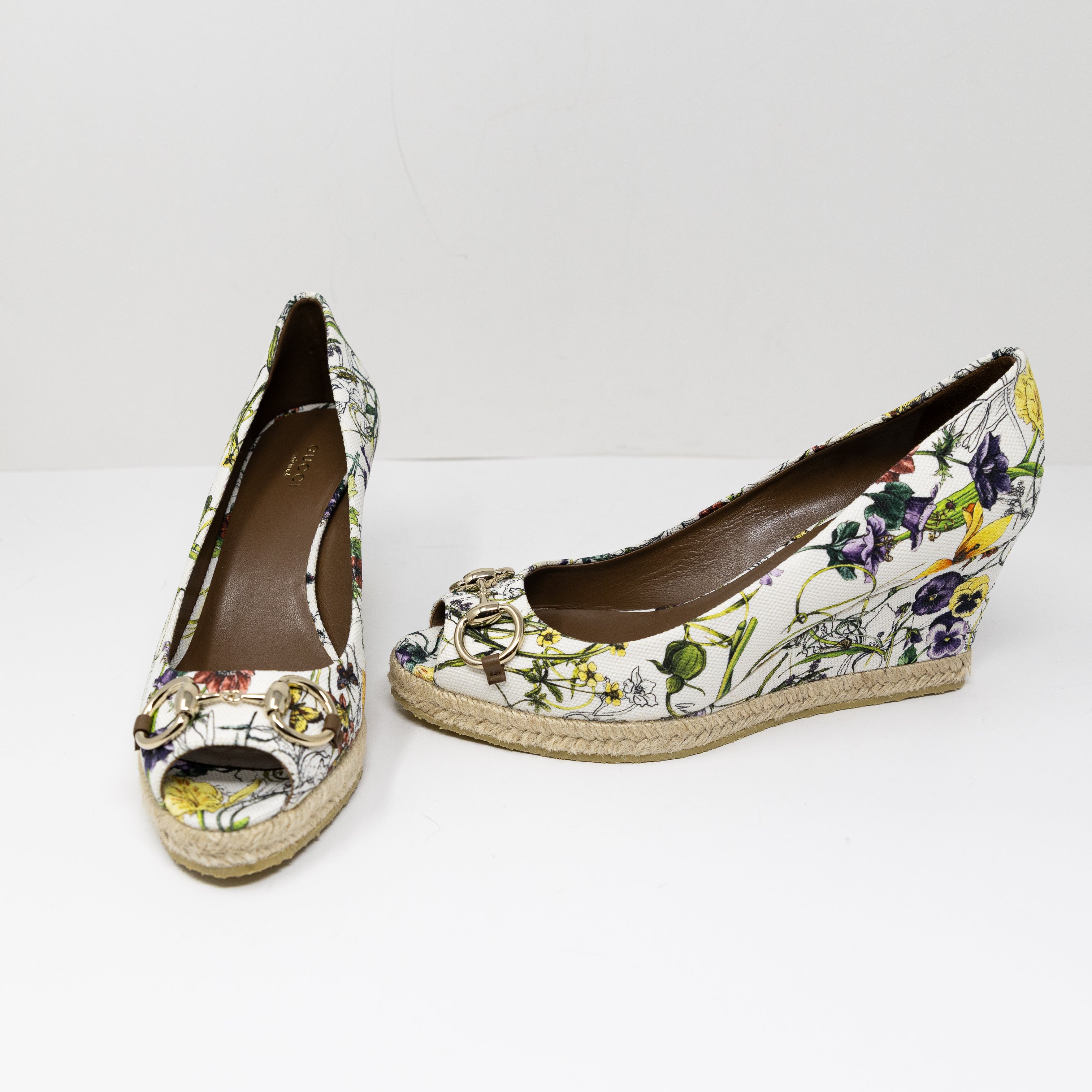 NEW Gucci Floral Flower Print Horsebit Open Toe Wedge Heels Slip On Shoes 9.5