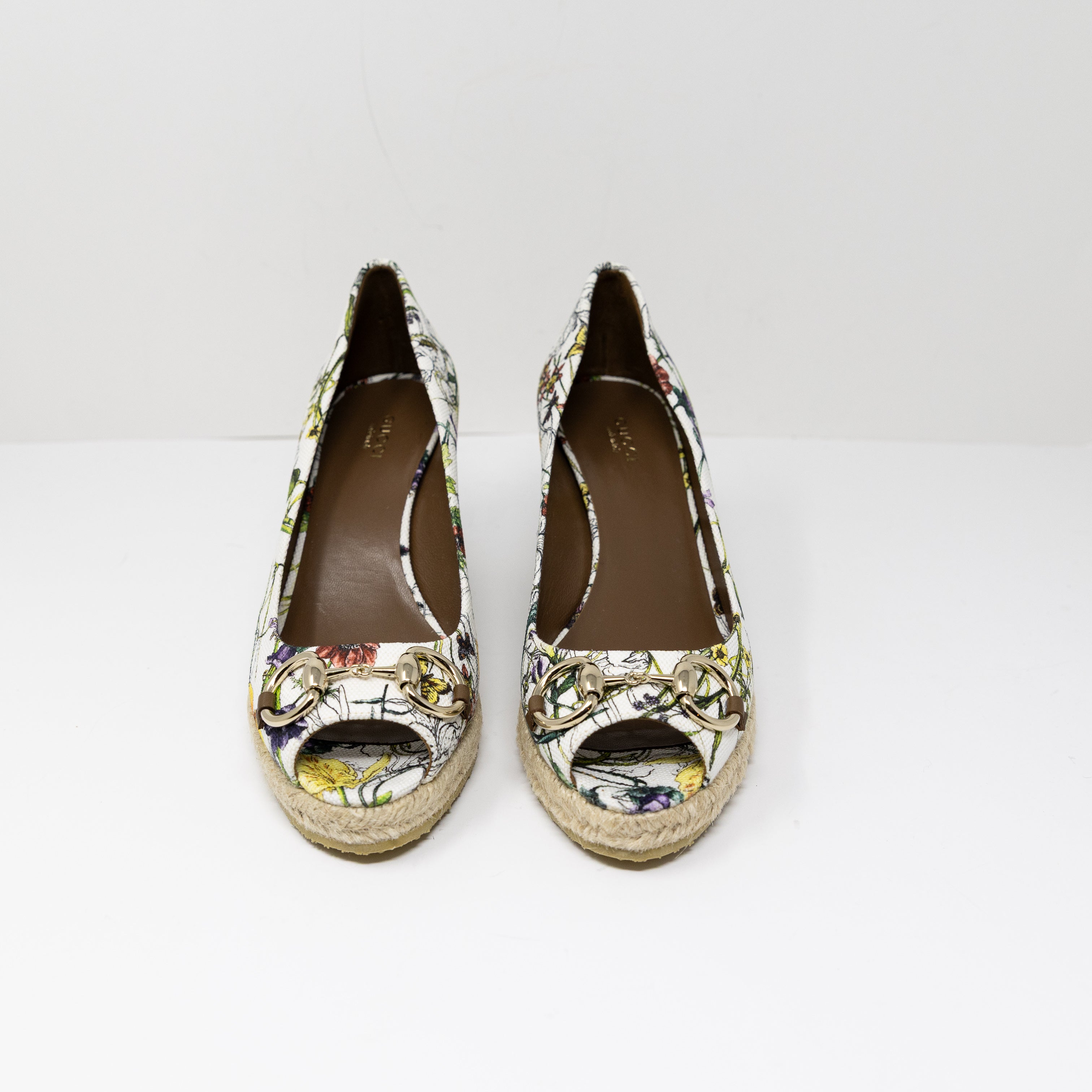 NEW Gucci Floral Flower Print Horsebit Open Toe Wedge Heels Slip On Shoes 9.5