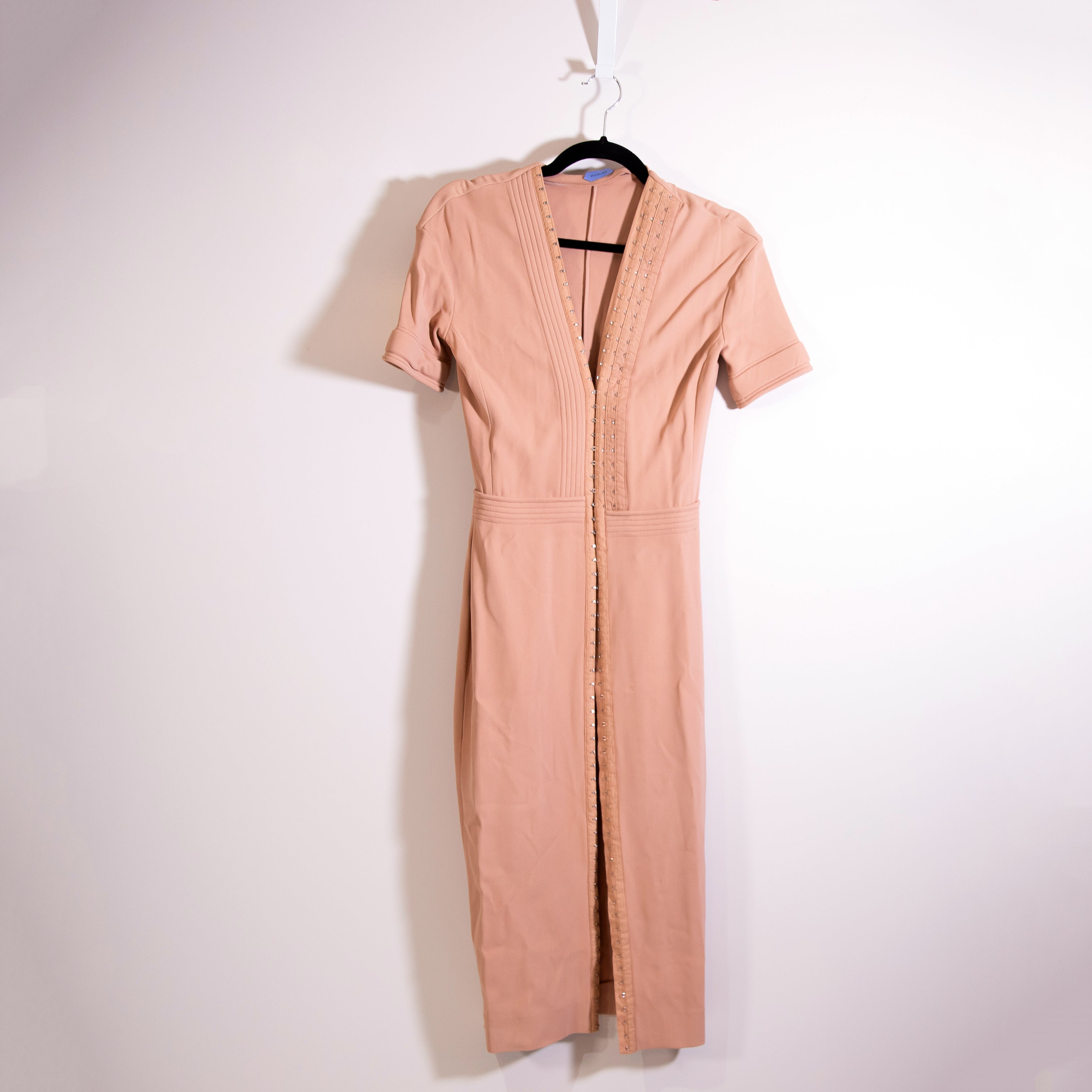 Mugler Hook And Eye Front Detail Crepe Short Sleeve V Neck Sheath Dress Pink XS