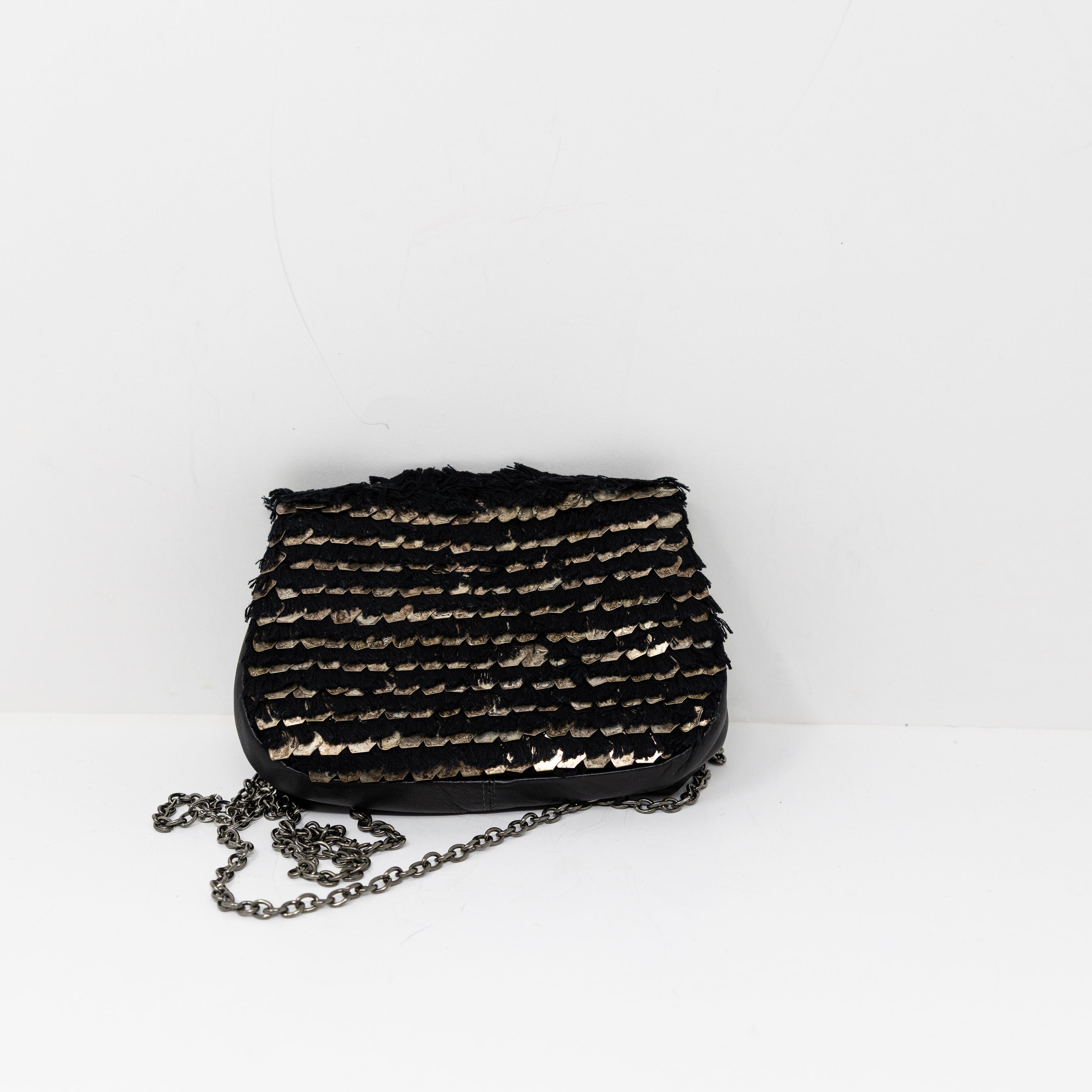 NEW Deepa Gurnani Tassel Fringe Textured Metal Embellished Crossbody Purse Black