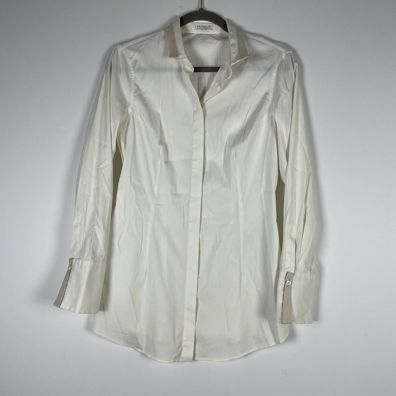 Brunello Cucinelli Made In Italy Cotton Poplin Stretch Button Front Blouse Large