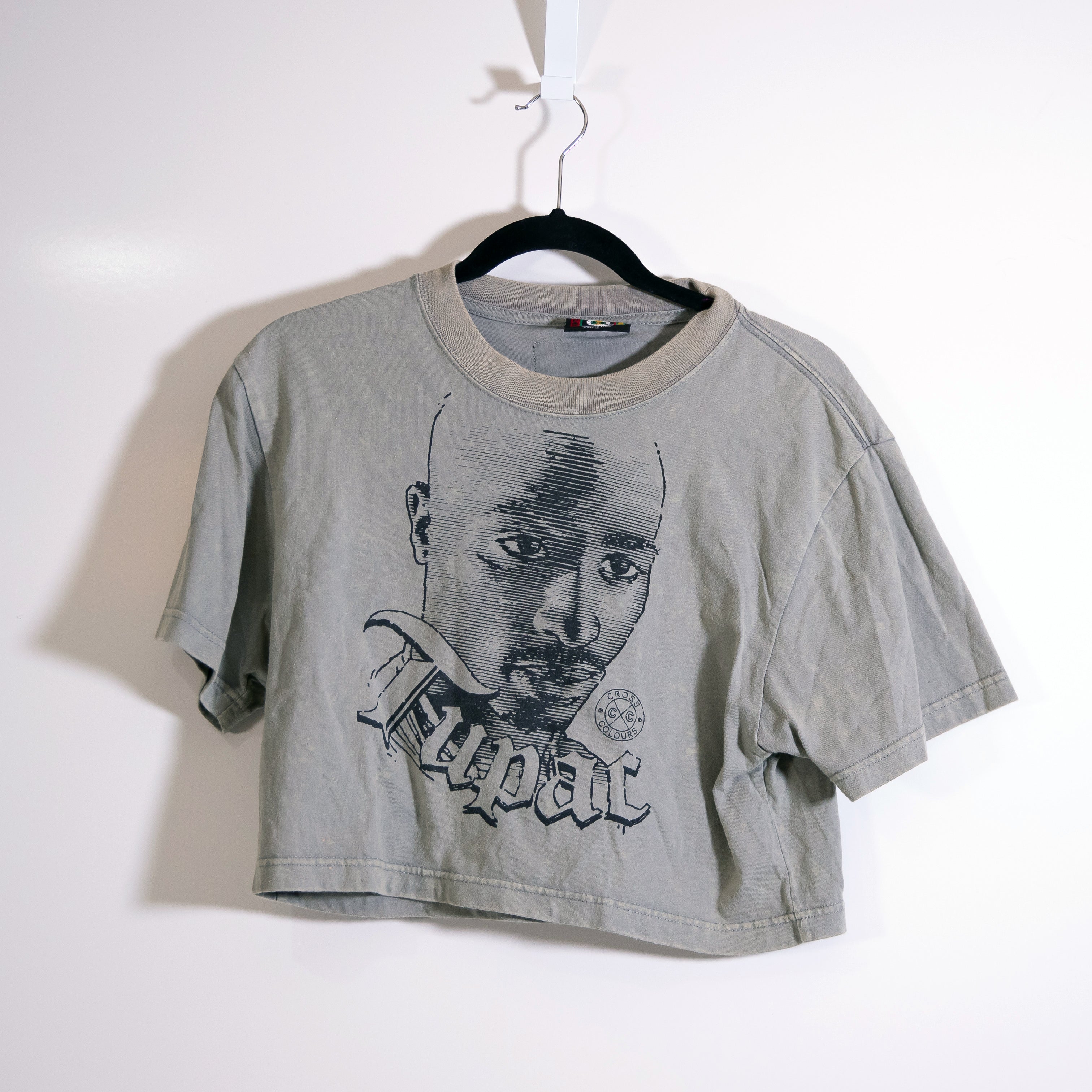 Cross Colors Tupac Graphic Print Pattern Cotton Cropped Crew Neck Tee Shirt Gray