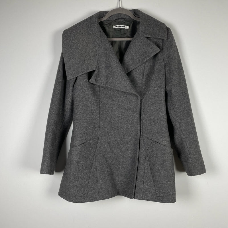 Jill Sander Wool Cashmere Silk Lined Spread Collar Pea Coat Jacket Gray Small 38