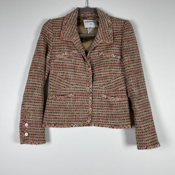 Chanel Made In France Linen Cotton Silk Satin Stretch Lined Tweed Blazer Jacket