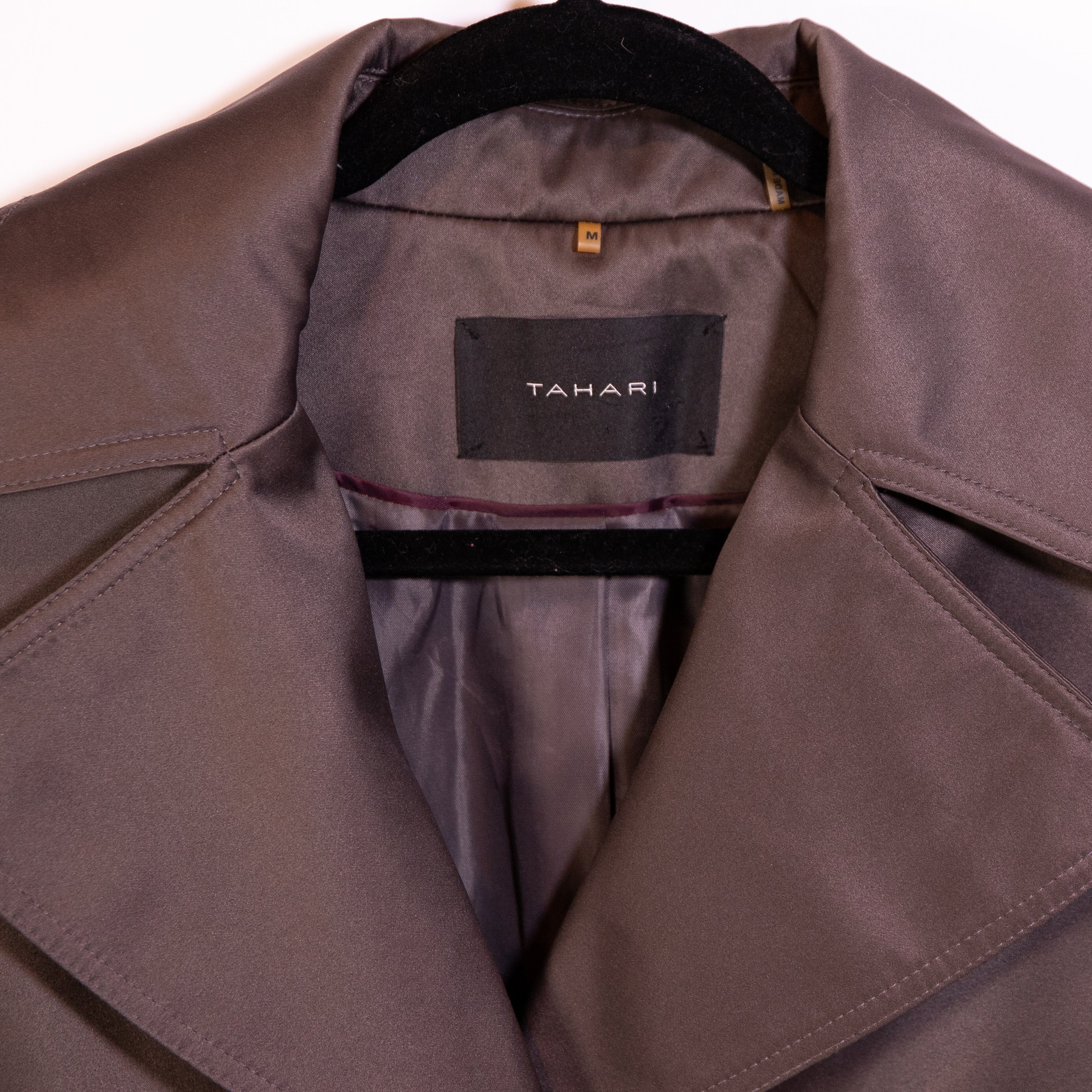 Tahari Women's Satin Button Front Collared Long Rain Overcoat Jacket Gray Medium