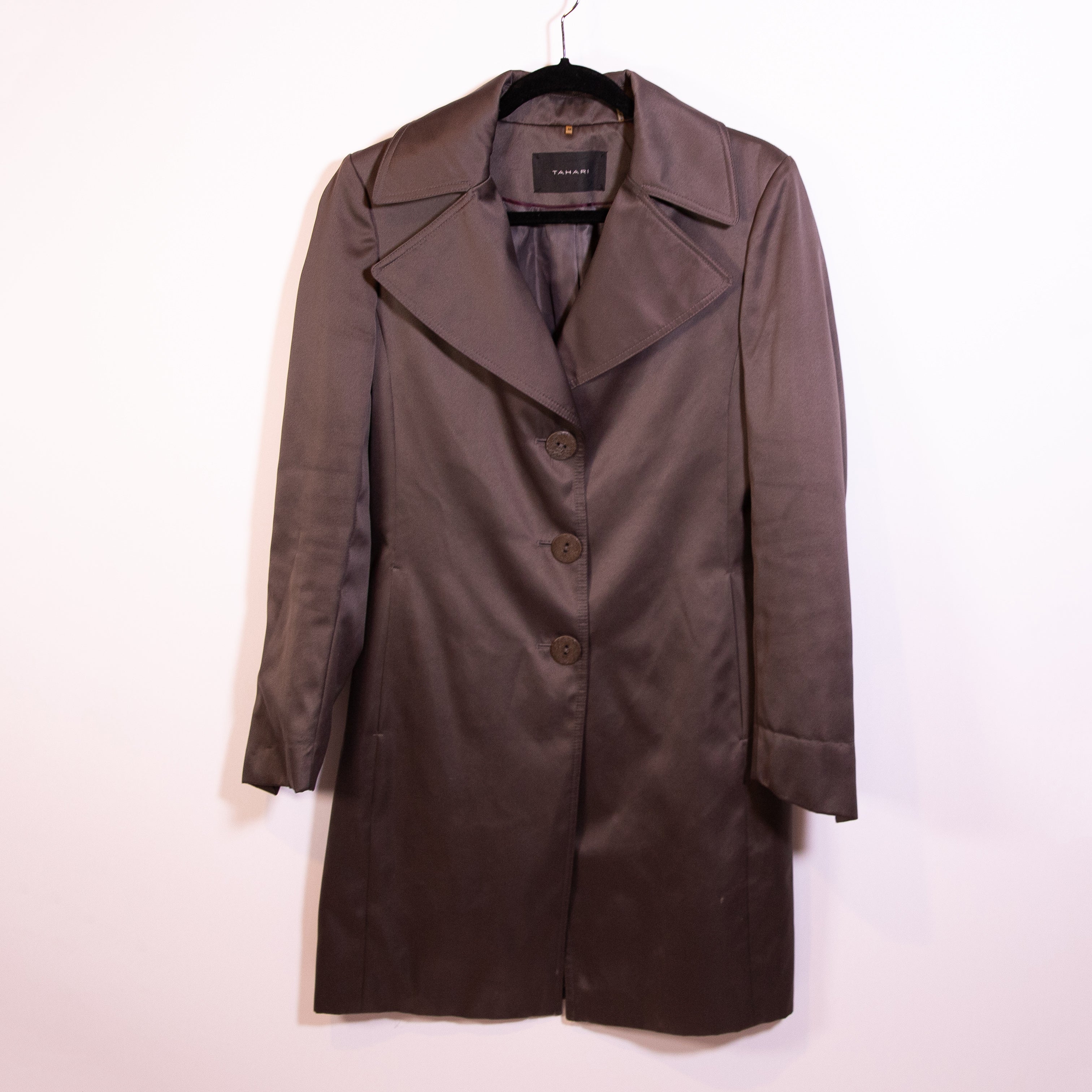 Tahari Women's Satin Button Front Collared Long Rain Overcoat Jacket Gray Medium