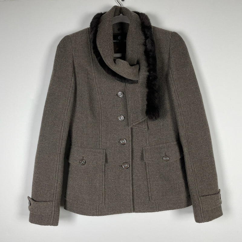 Rena Lange Wool Textured Knit Genuine Fur Collar Lining Button Front Jacket Coat