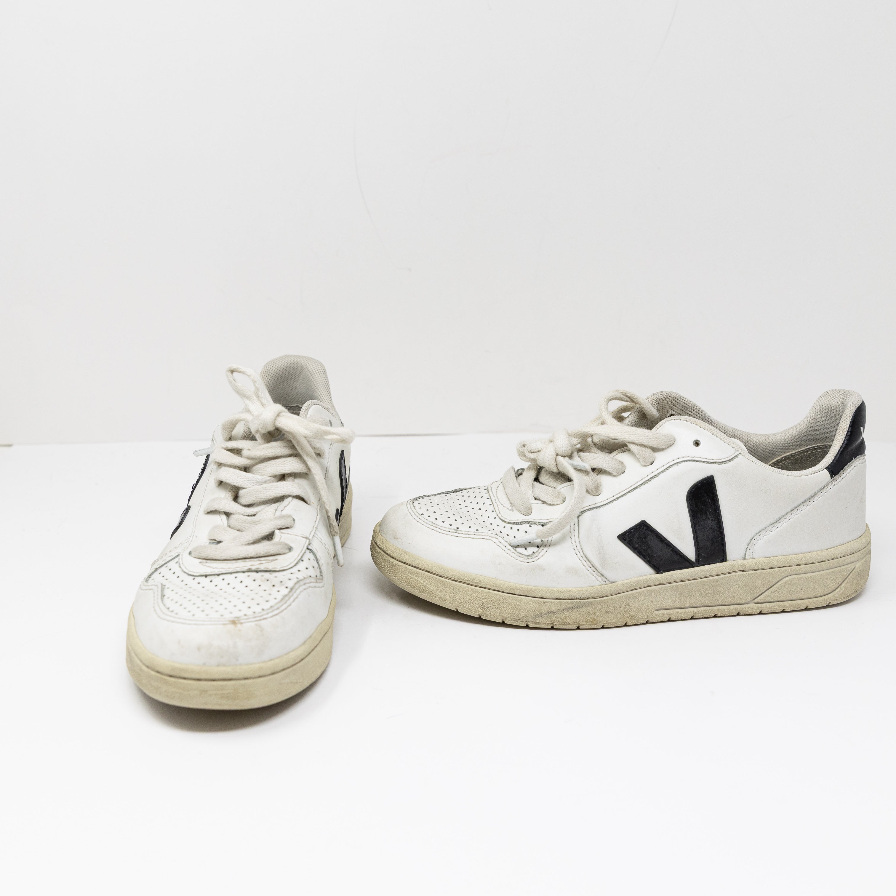 Veja V-10 Women's Leather Low Top Perforated Casual Sneakers Shoes White Black 7