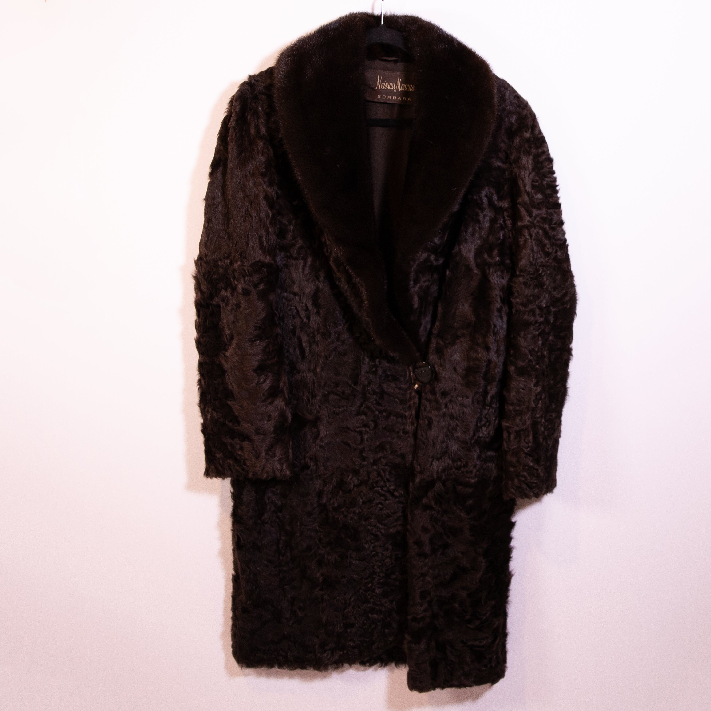 Neiman Marcus Genuine Lamb Fur Mink Trim Collar Mid Length Coat Jacket Brown 8