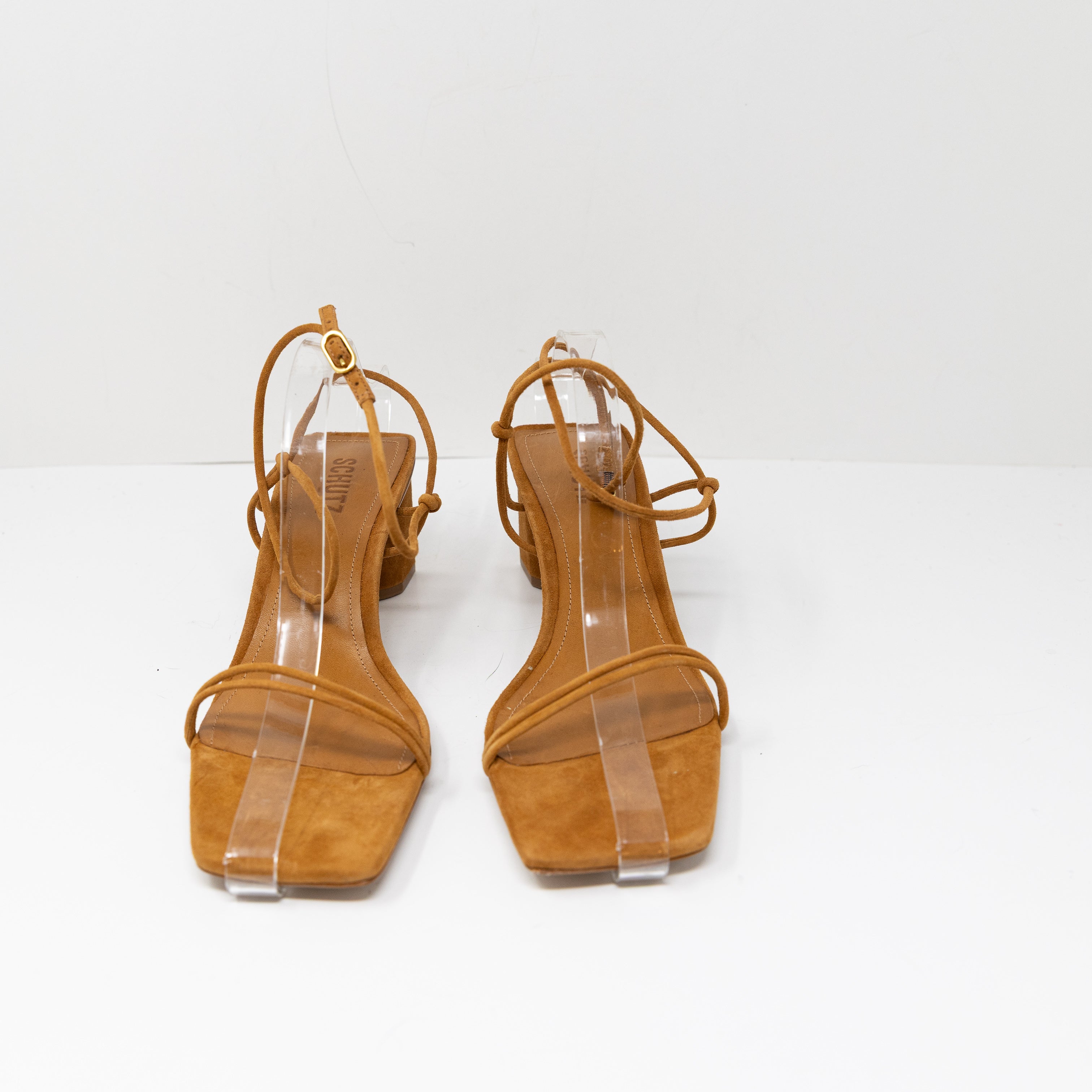 NEW Schutz Pompeii Genuine Suede Leather Mid Block Strappy Sandal Heels Cuoio 10