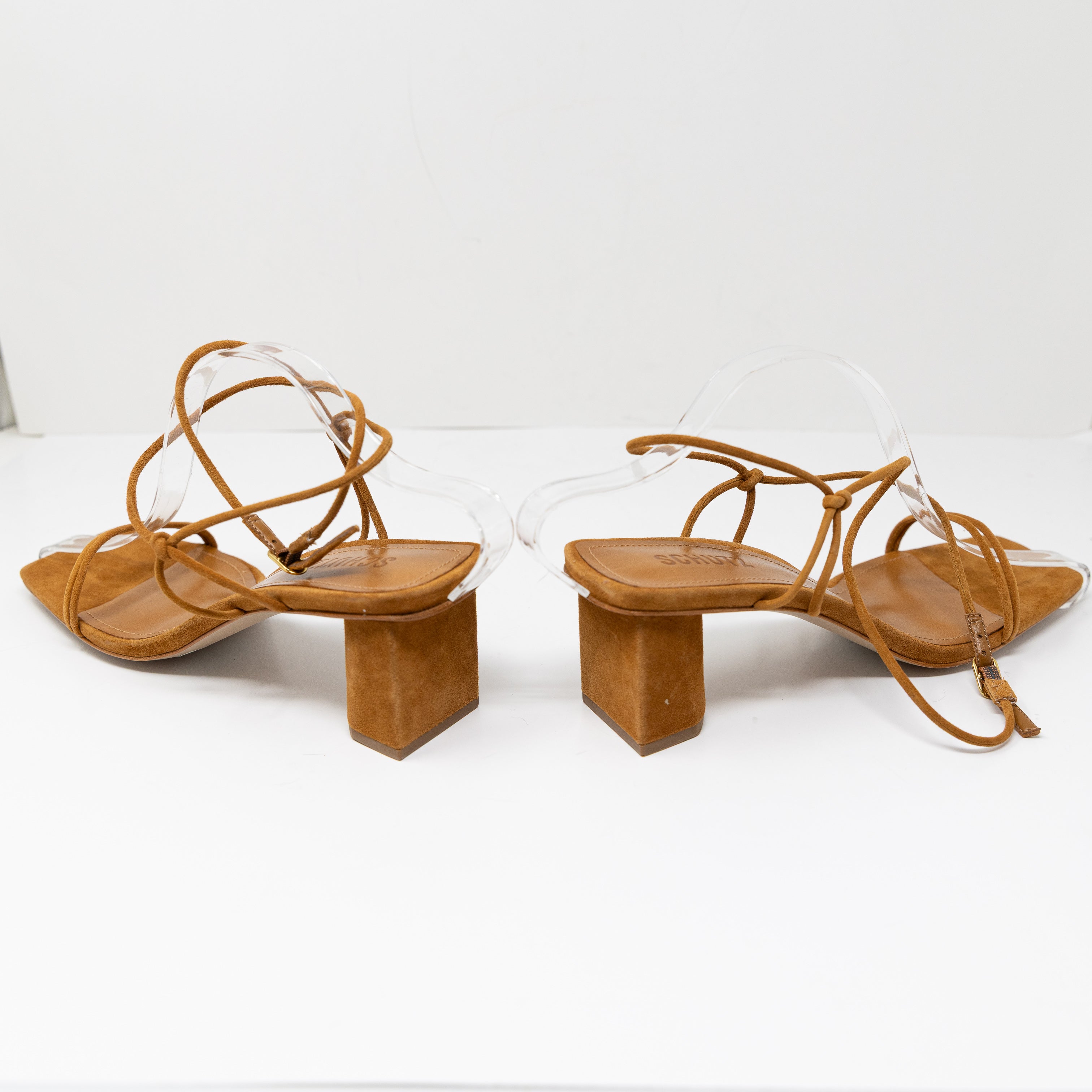 NEW Schutz Pompeii Genuine Suede Leather Mid Block Strappy Sandal Heels Cuoio 10