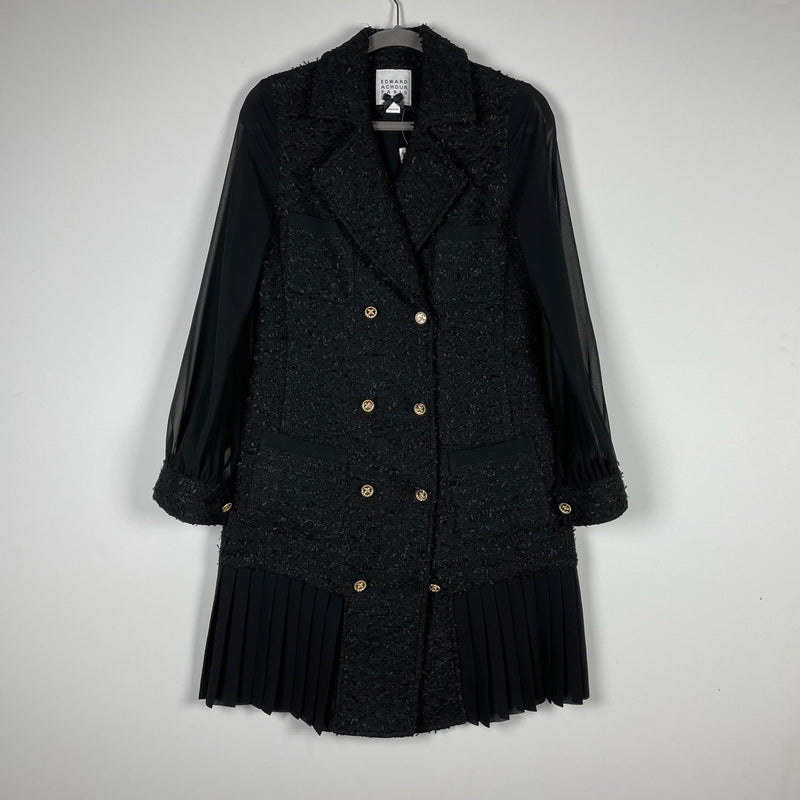 NEW Edward Achour Paris Tweed Boucle Sheer Panel Pleated Coat Dress Black Small