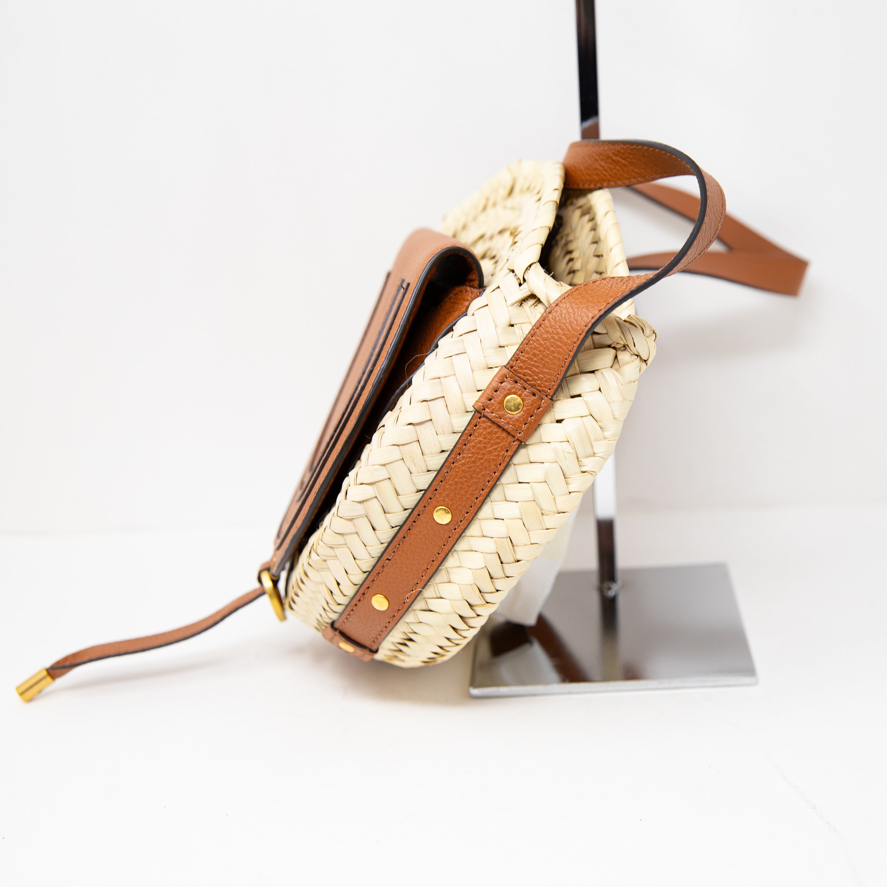 NEW Chloe Marcie Crossbody Raffia Woven Basket Leather Shoulder Purse Bag Tan