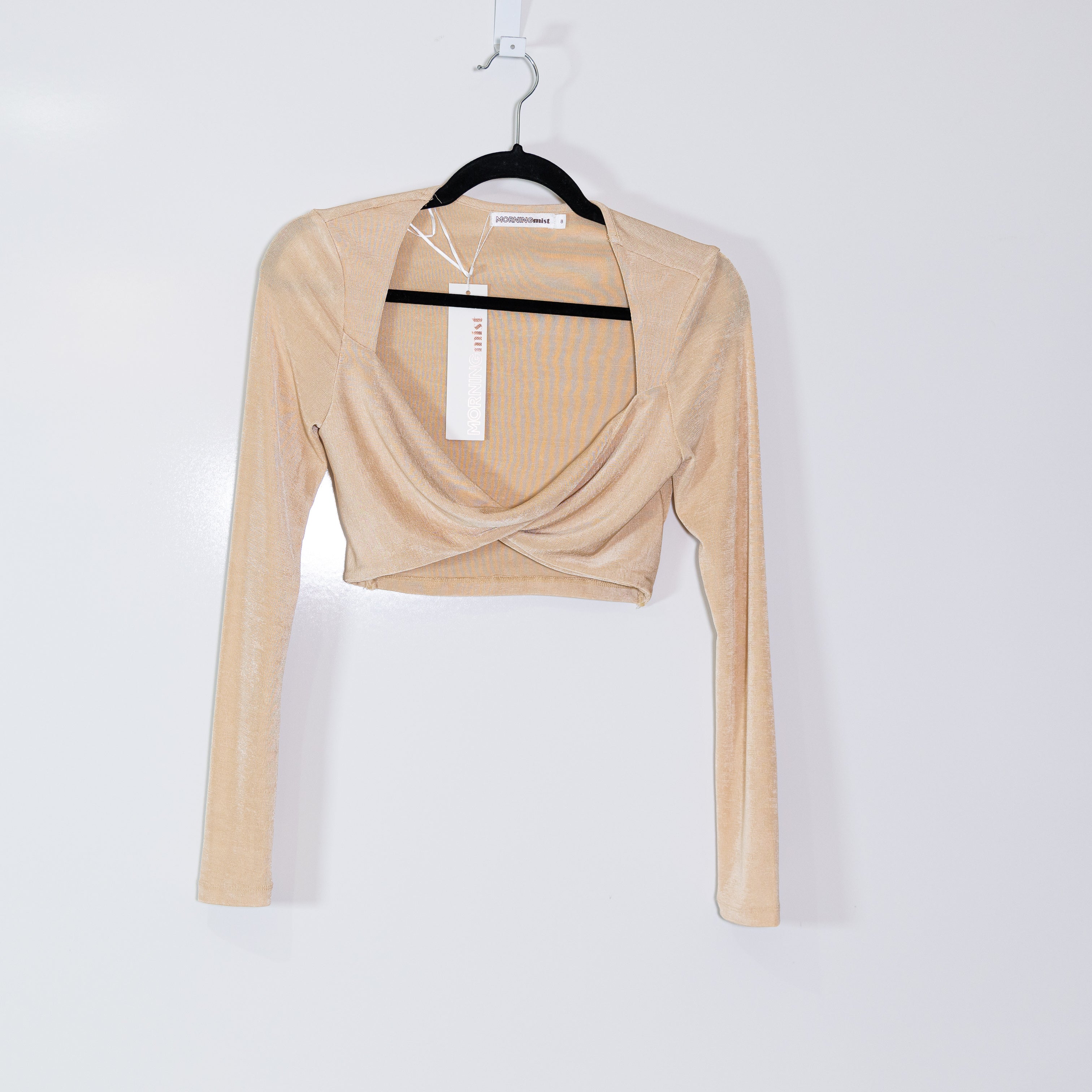 NEW Peppermayo Morning Mist Superlove Twist Front Long Sleeve Crop Top Beige 8