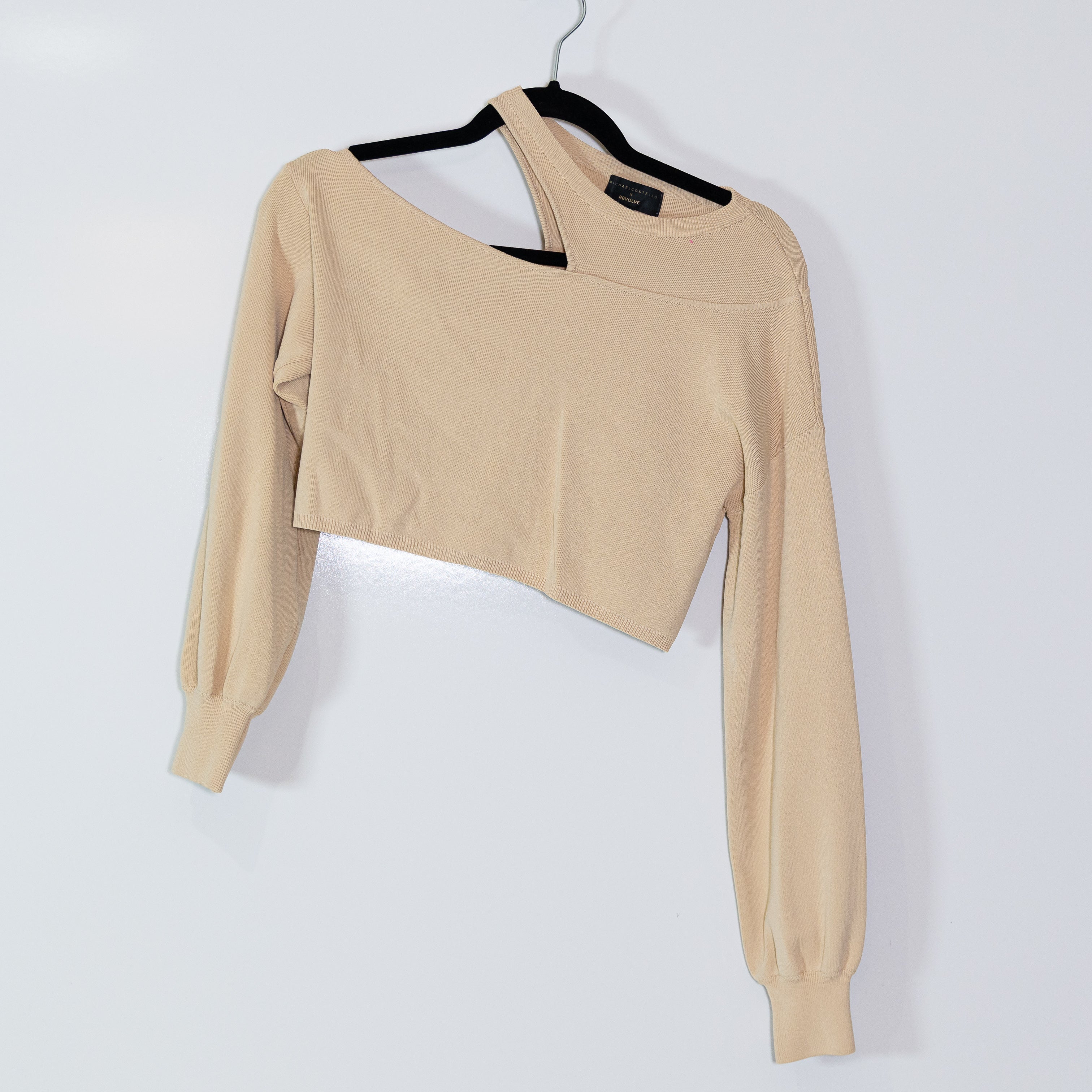 Michael Costello x Revolve Asym Cut Out Shoulder Asymmetric Dolman Sweater Nude