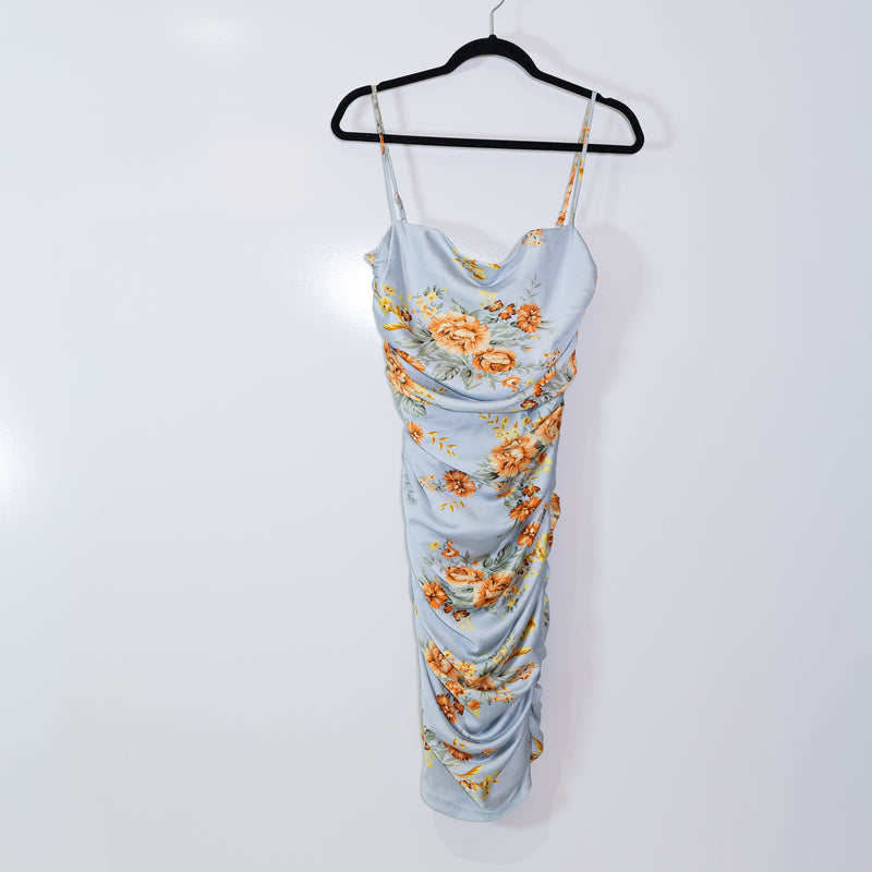 Nookie Garden Party Ruched Satin Square Neck Floral Flower Midi Dress Medium