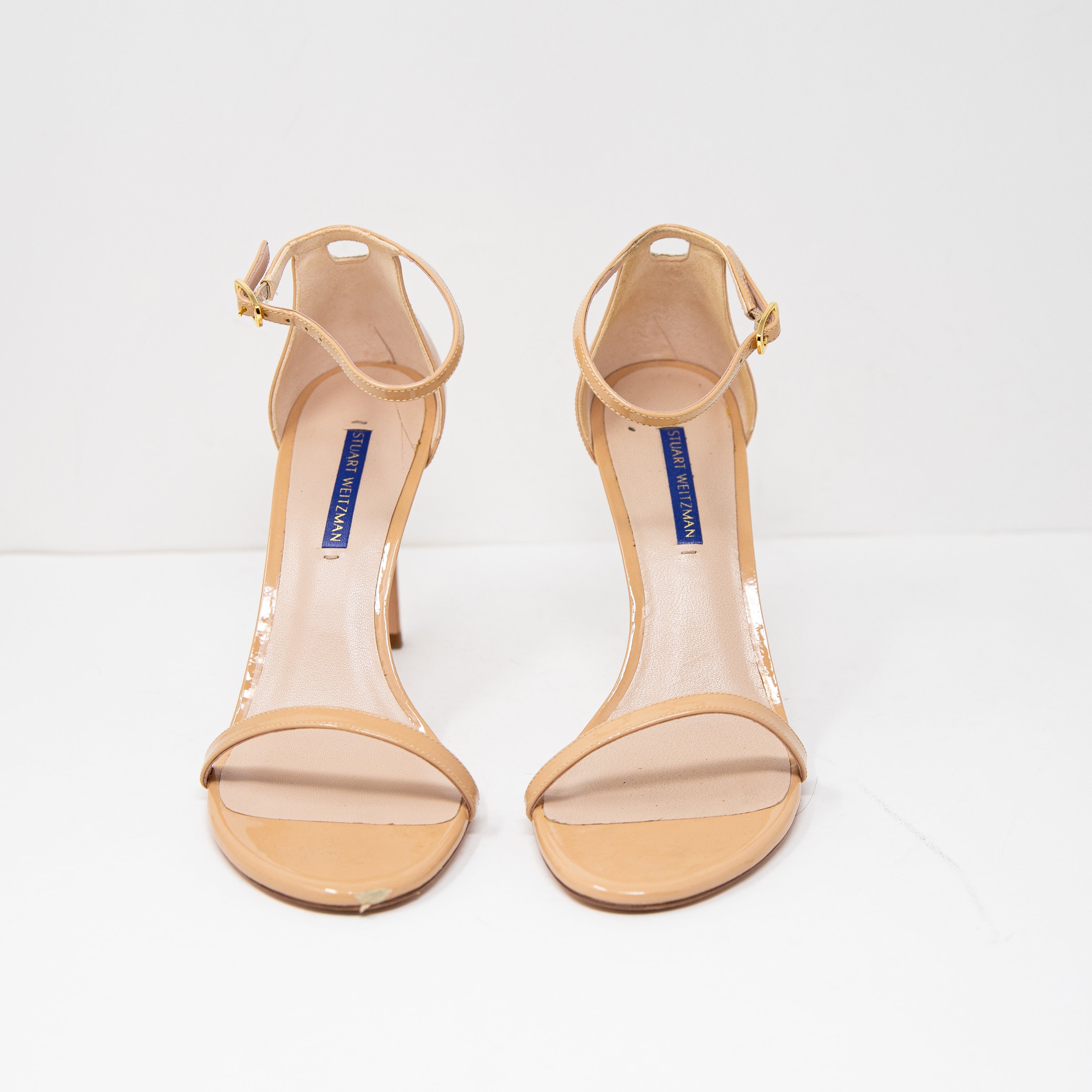 Stuart Weitzman Nudistsong Patent Leather Open toe Ankle Strap High Heels Beige