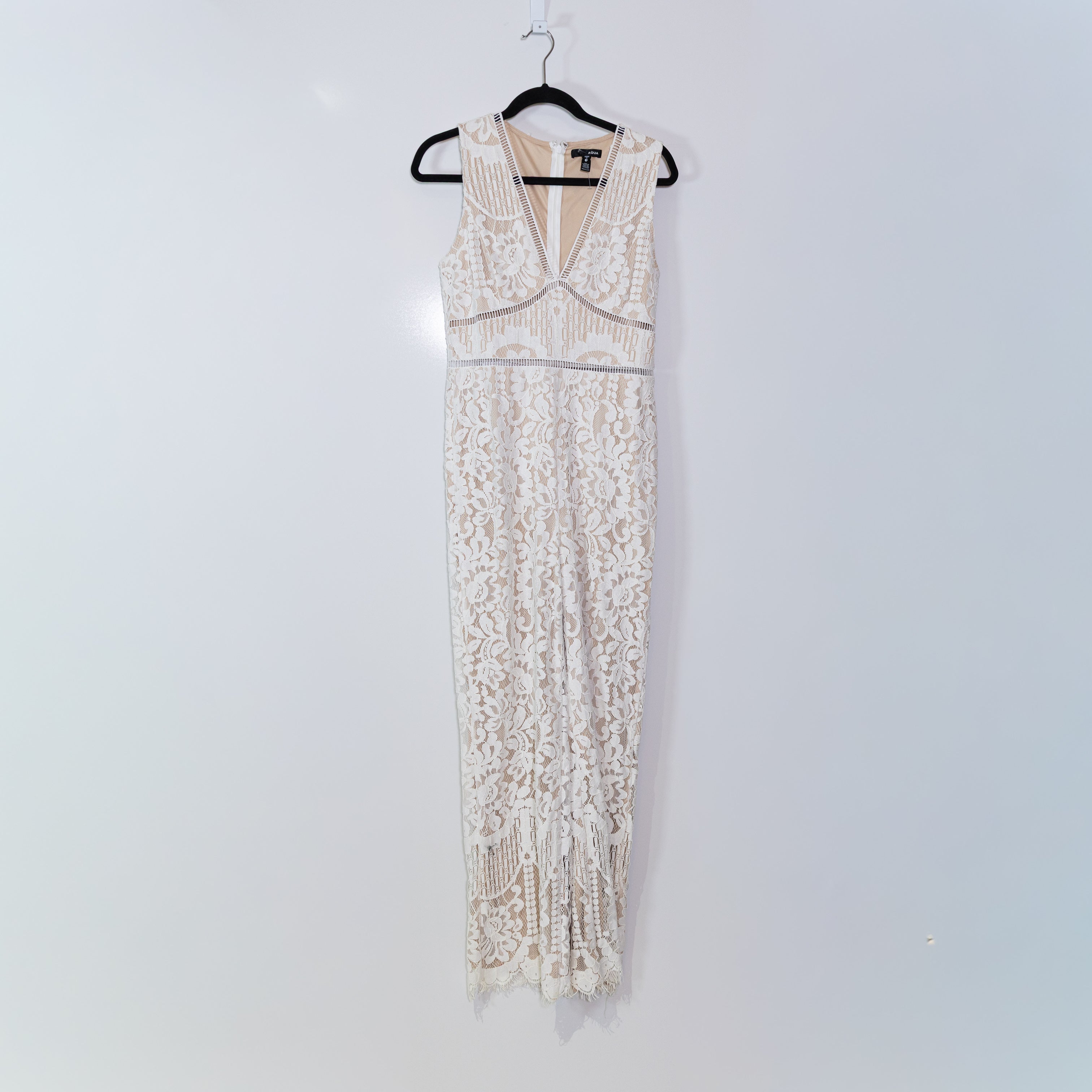 Aqua Women's Allover White Ivory Lace Nude Overlay Full Length Jumpsuit Jumper S