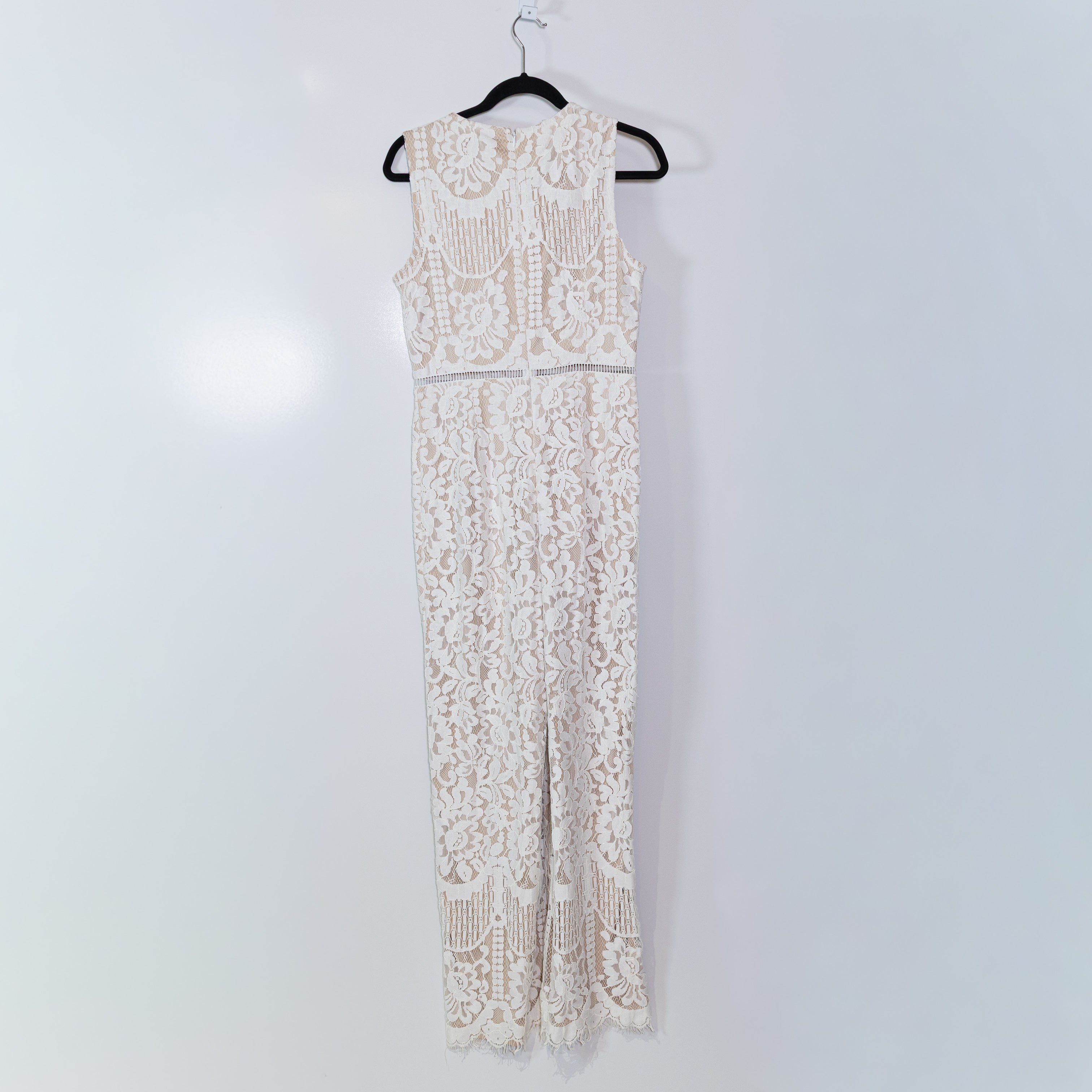 Aqua Women's Allover White Ivory Lace Nude Overlay Full Length Jumpsuit Jumper S