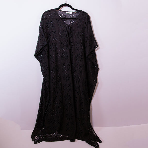 Johnny Was Cotton Silk Floral Flower Eyelet Lace Up Maxi Kaftan Pullover Dress