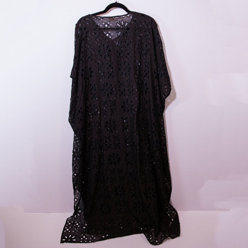 Johnny Was Cotton Silk Floral Flower Eyelet Lace Up Maxi Kaftan Pullover Dress