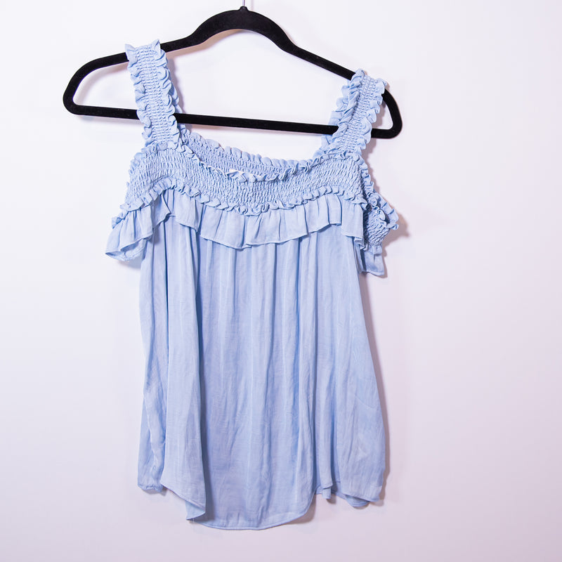 Anthropologie Finn Smocked Stretch Cold Off The Shoulder Ruffle Tank Top Blue S