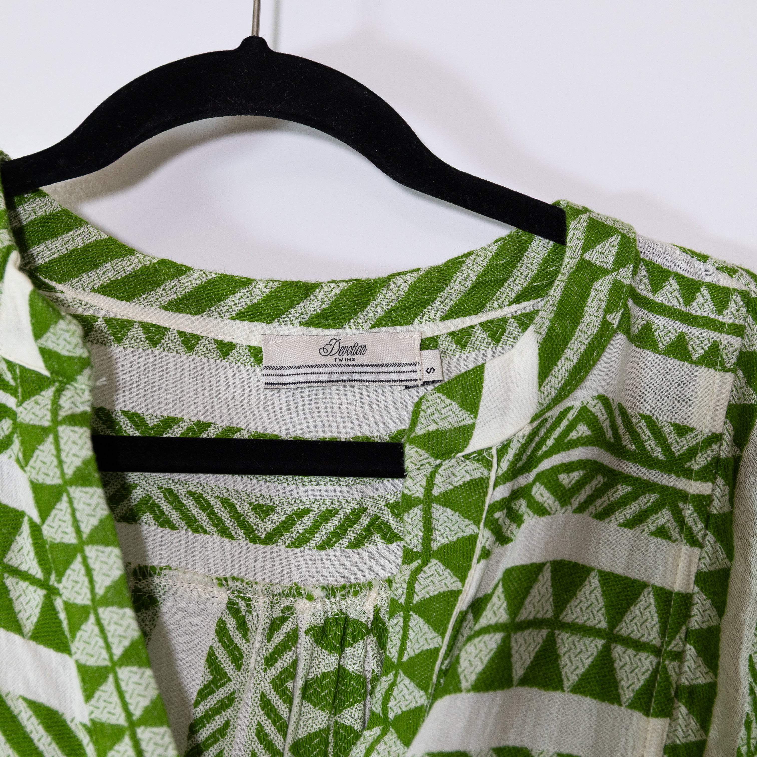 Devotion Twins Ella Cotton Blend V Neck Tiered Pullover Mini Dress Green White S