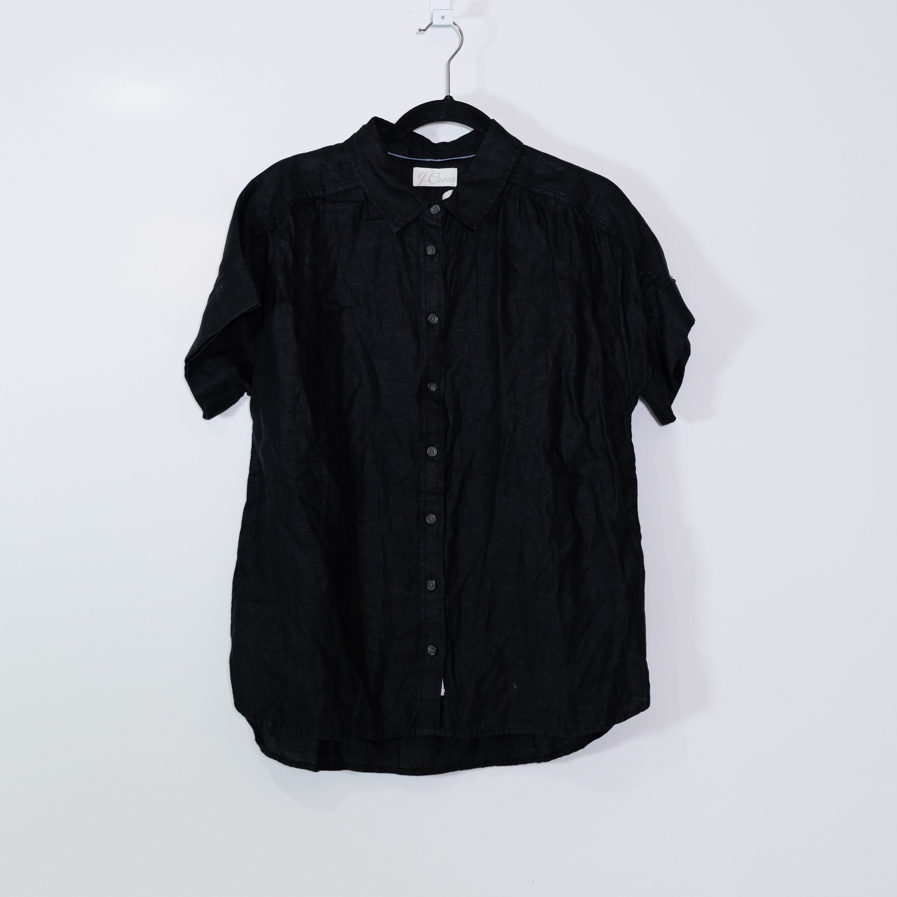 NEW J. Crew Relaxed Fit Short Sleeve Linen Collared Button Up Shirt Black Small