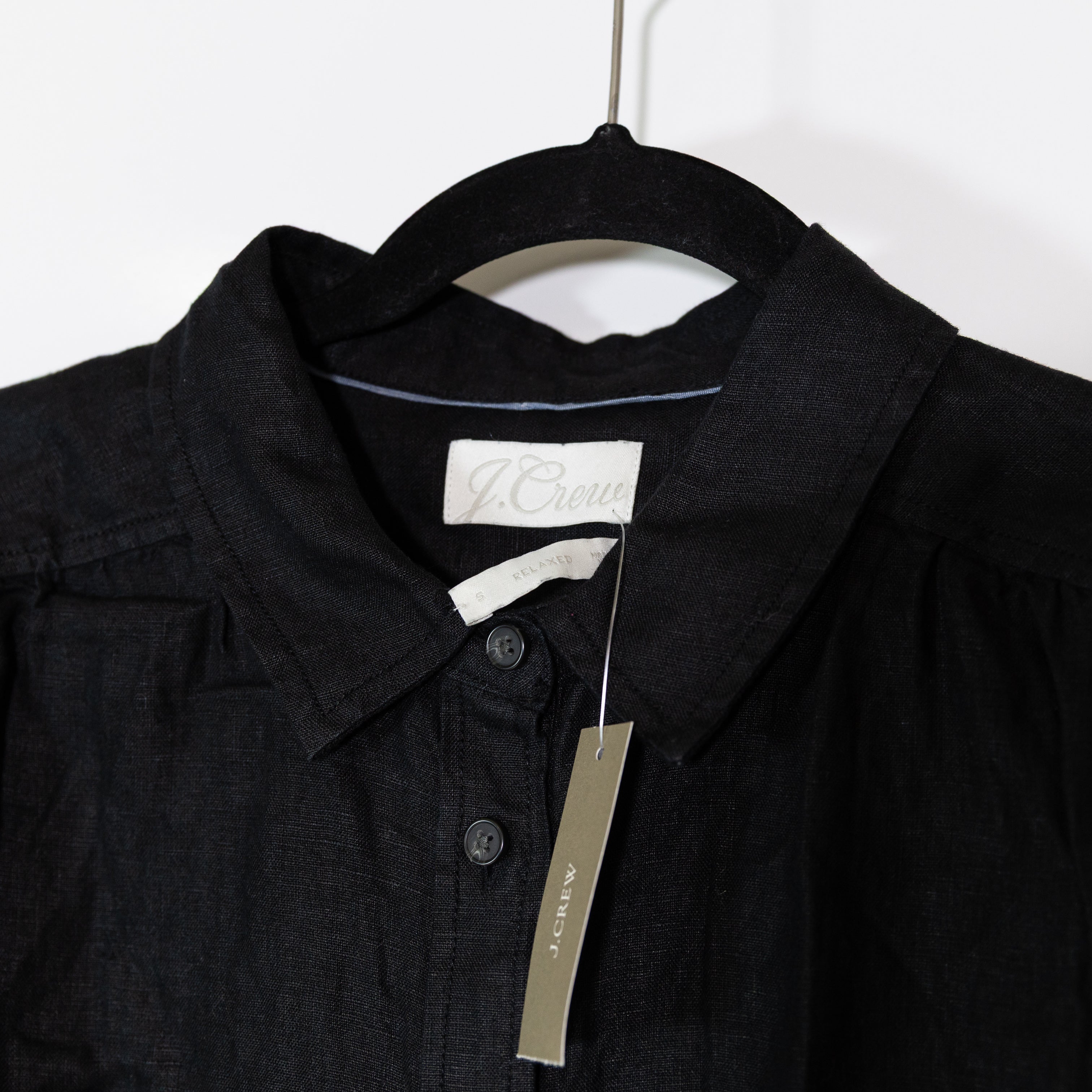 NEW J. Crew Relaxed Fit Short Sleeve Linen Collared Button Up Shirt Black Small