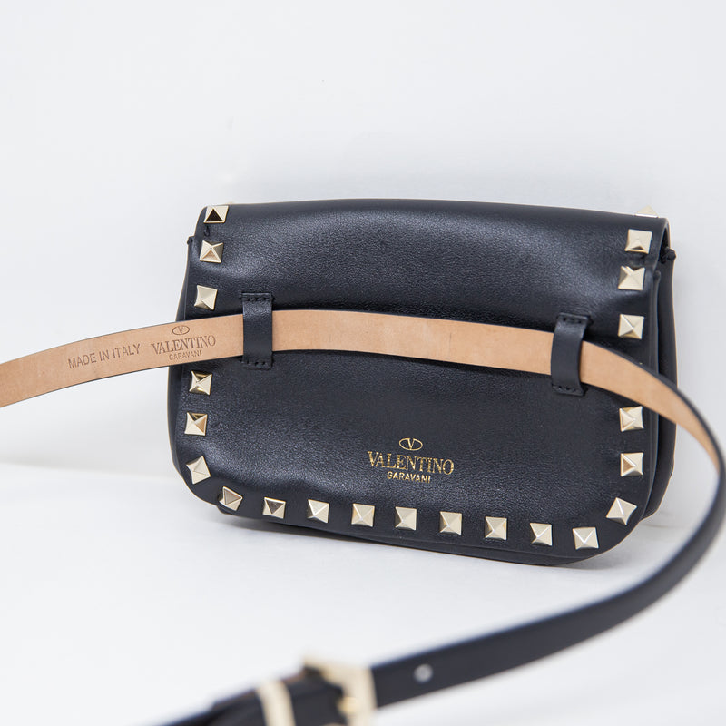 Valentino Garavani Rockstud Genuine Leather Flap Hip Waist Belt Bag Black Gold&nbsp;