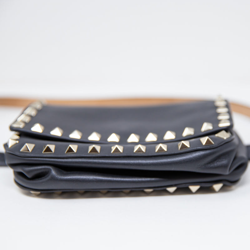 Valentino Garavani Rockstud Genuine Leather Flap Hip Waist Belt Bag Black Gold&nbsp;