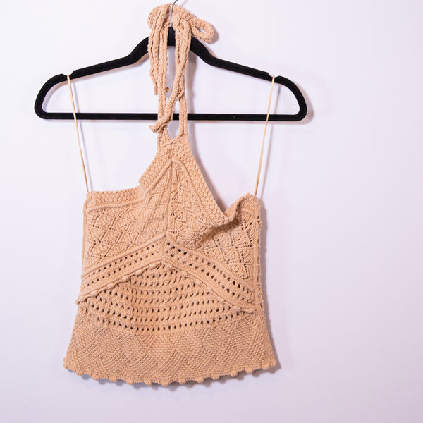 Zara Cotton Crochet Knit Sleeveless Backless Halter Neck Tank Top Beige Medium