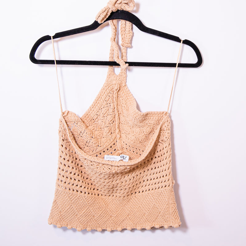 Zara Cotton Crochet Knit Sleeveless Backless Halter Neck Tank Top Beige Medium