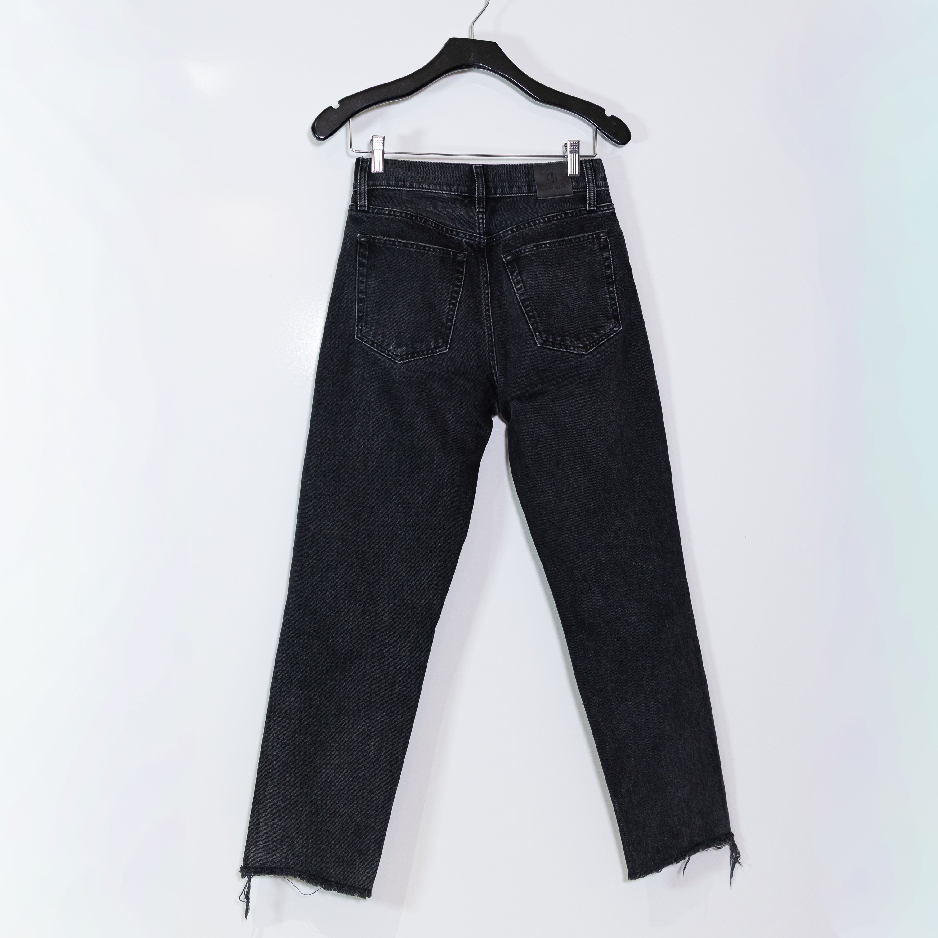 Anine Bing Etta Cotton High Rise Straight Leg Destructed Black Sea Jeans 25