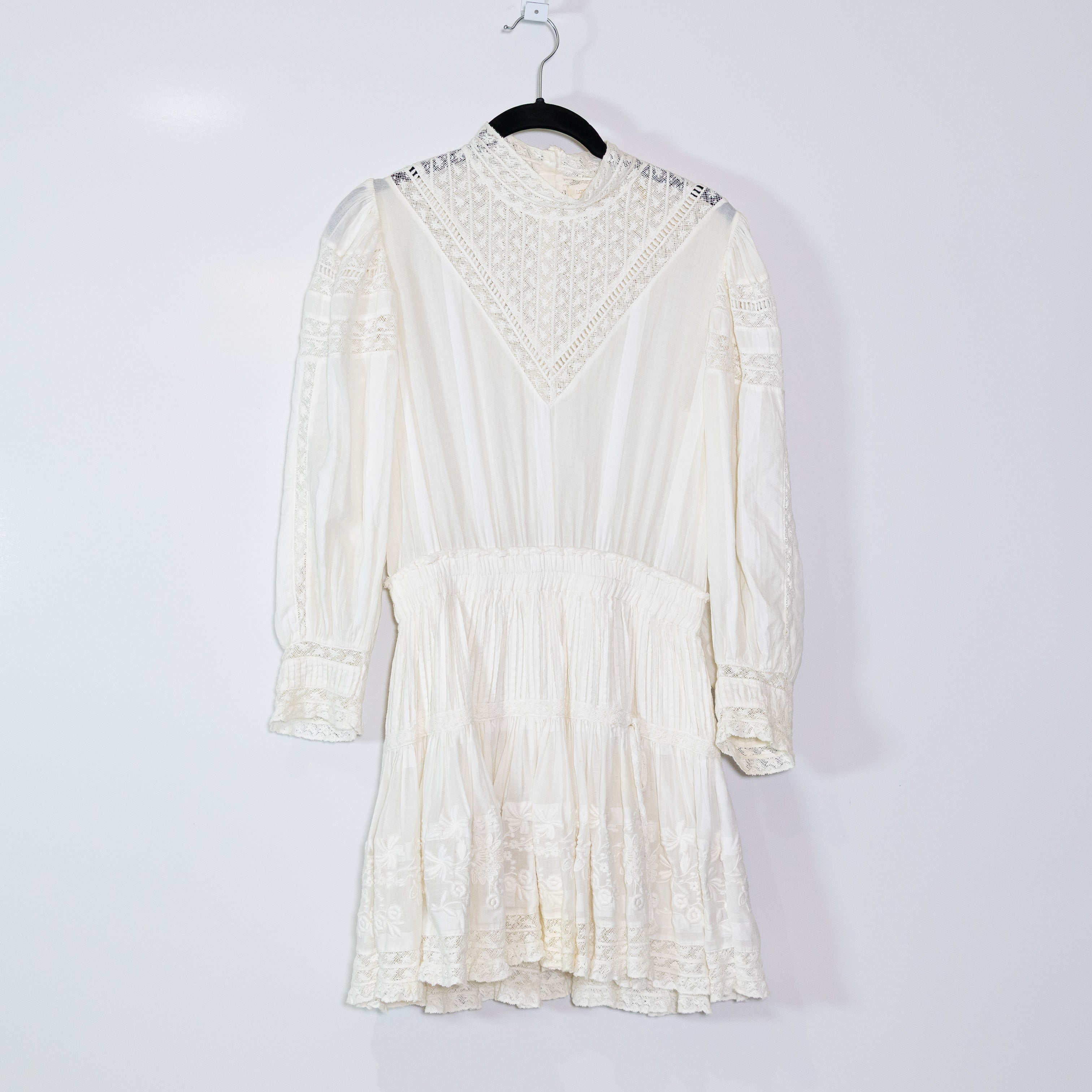 LoveShackFancy Viola Cotton High Neck Long Sleeve Smocked Waist Mini Dress White