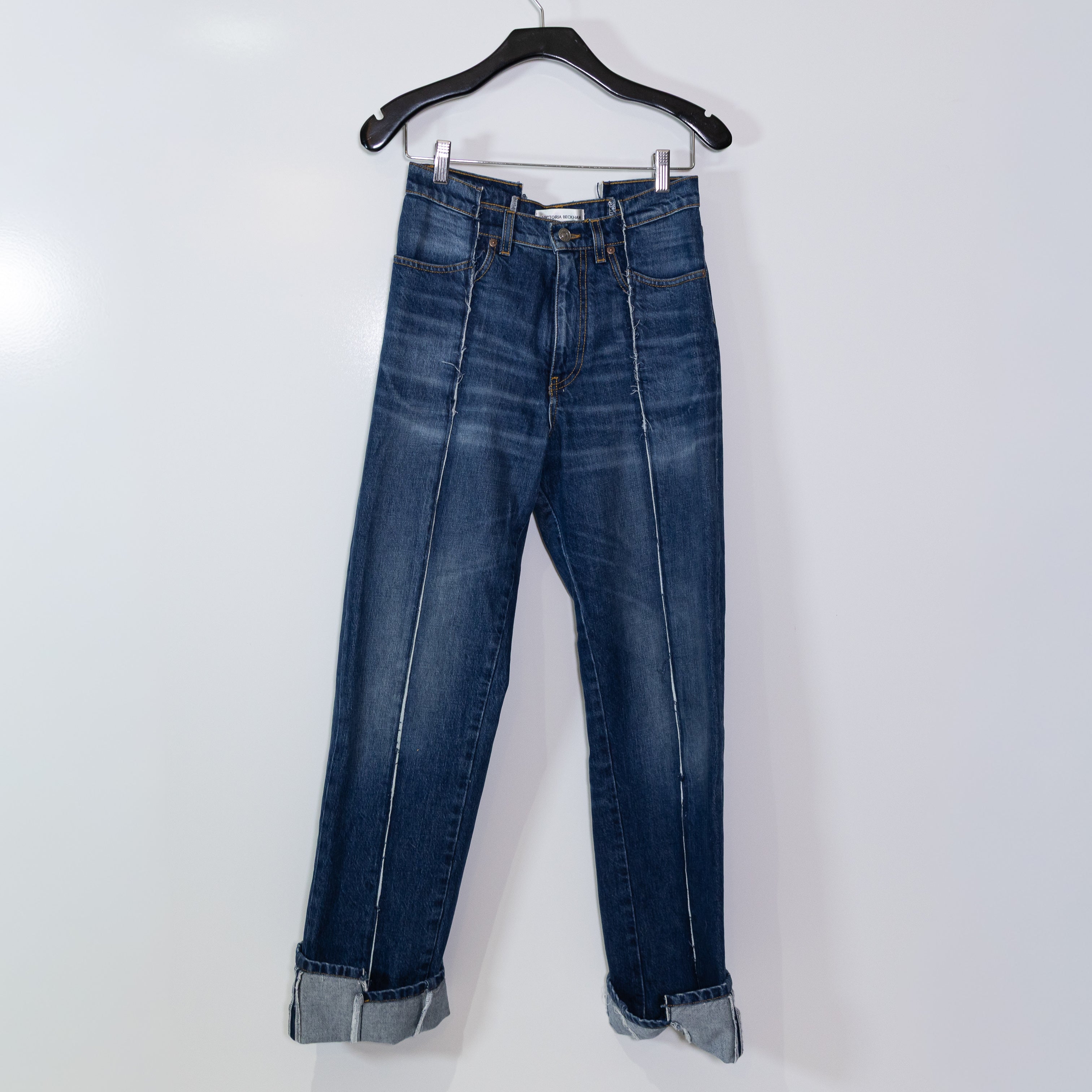 Victoria Beckham Paneled High Rise Straight Leg Cotton Stretch Jeans Mid Denim