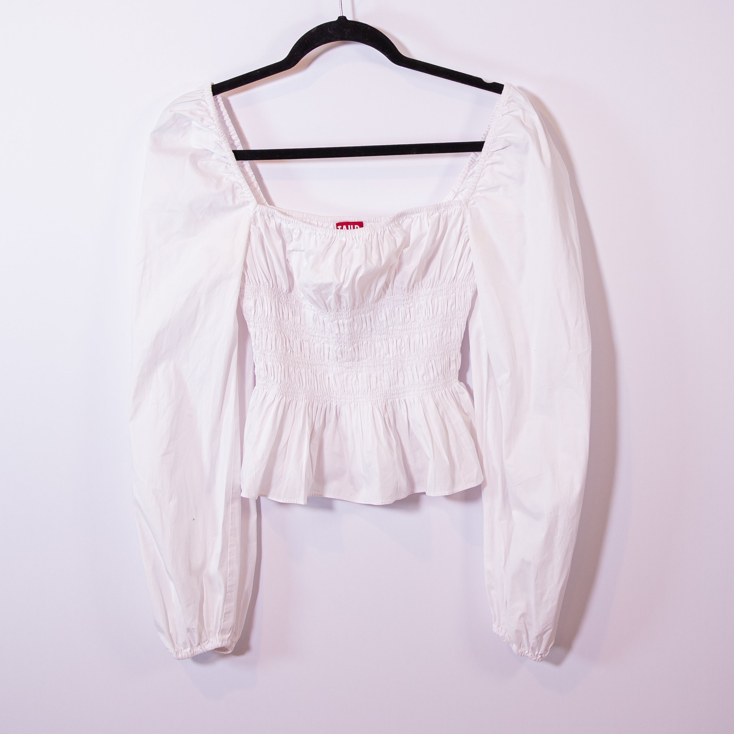 Staud Jules Cotton Poplin Smocked Square Neck Long Sleeve Blouse Shirt White M