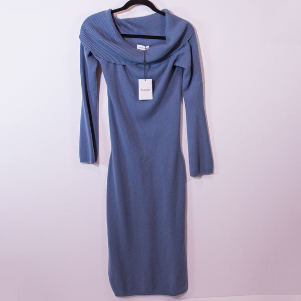 NEW Naadam Wool Cashmere Stretch Knit Pullover Rolled Neck Sweater Dress Blue M