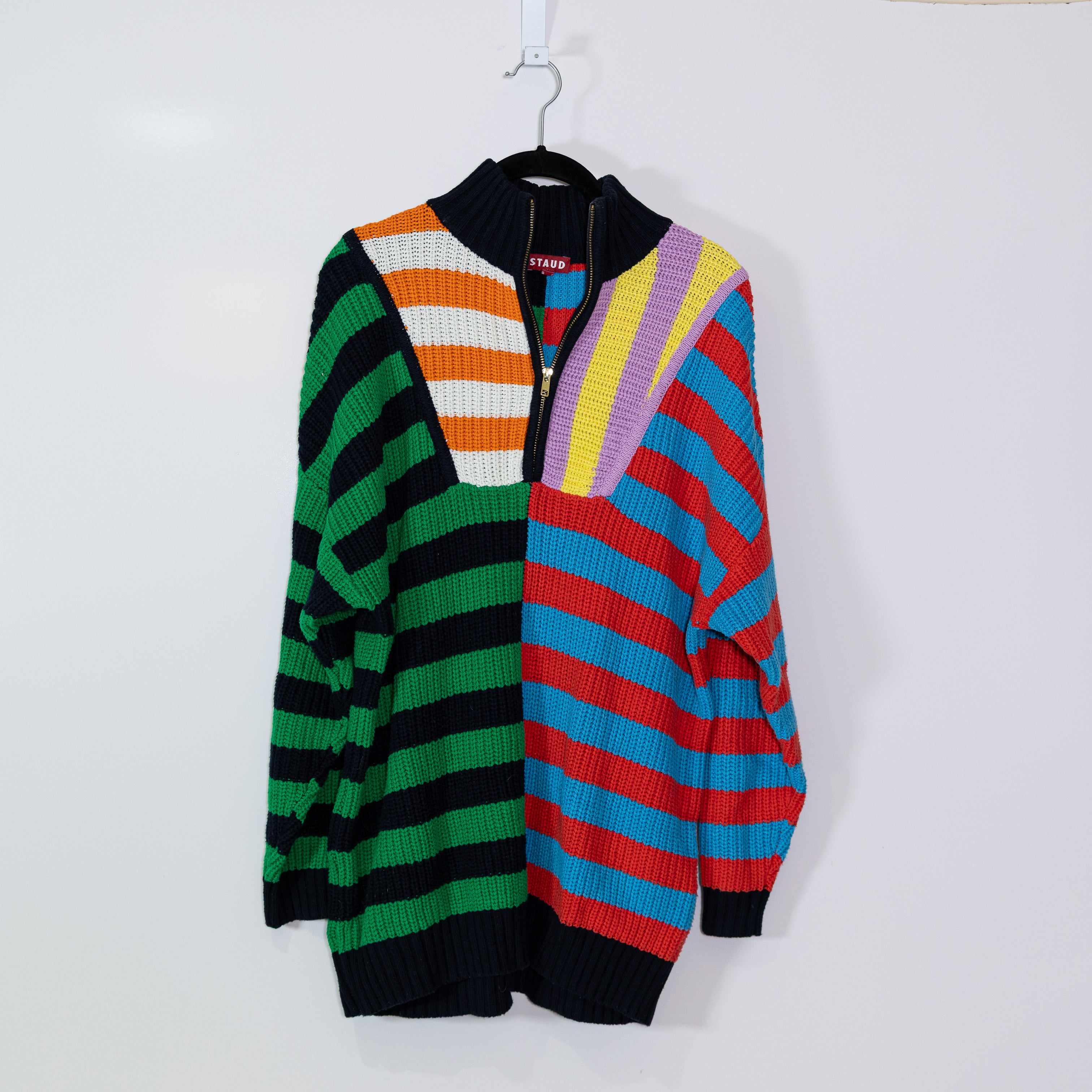 Staud Hampton Cotton Blend Quarter Knit Pullover Cabana Stripe Print Sweater XS