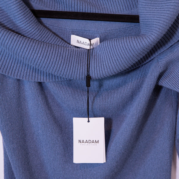 NEW Naadam Wool Cashmere Stretch Knit Pullover Rolled Neck Sweater Dress Blue M