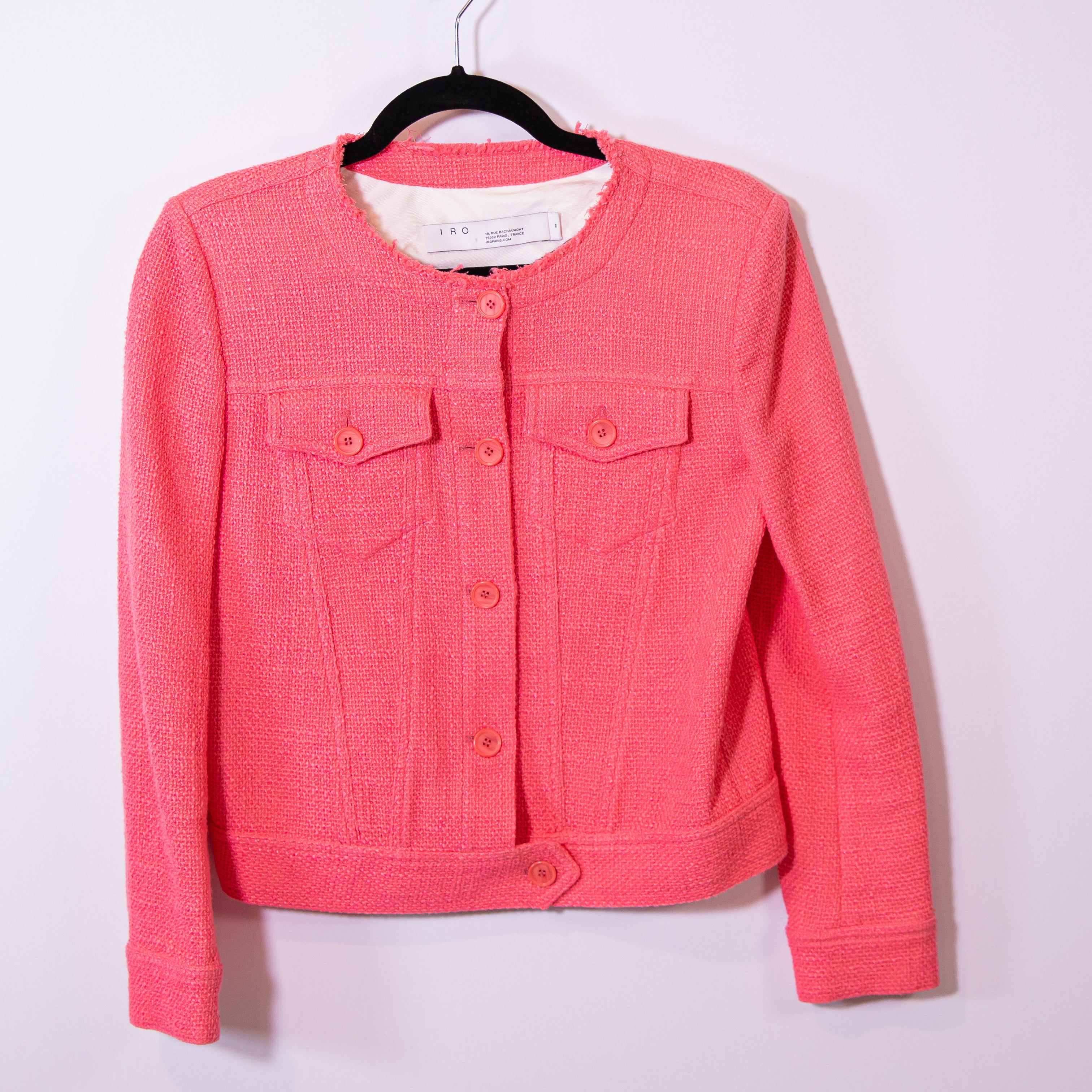 IRO Felicity Cotton Stretch Tweed Boucle Textured Knit Blazer Jacket Pink 38 / 6