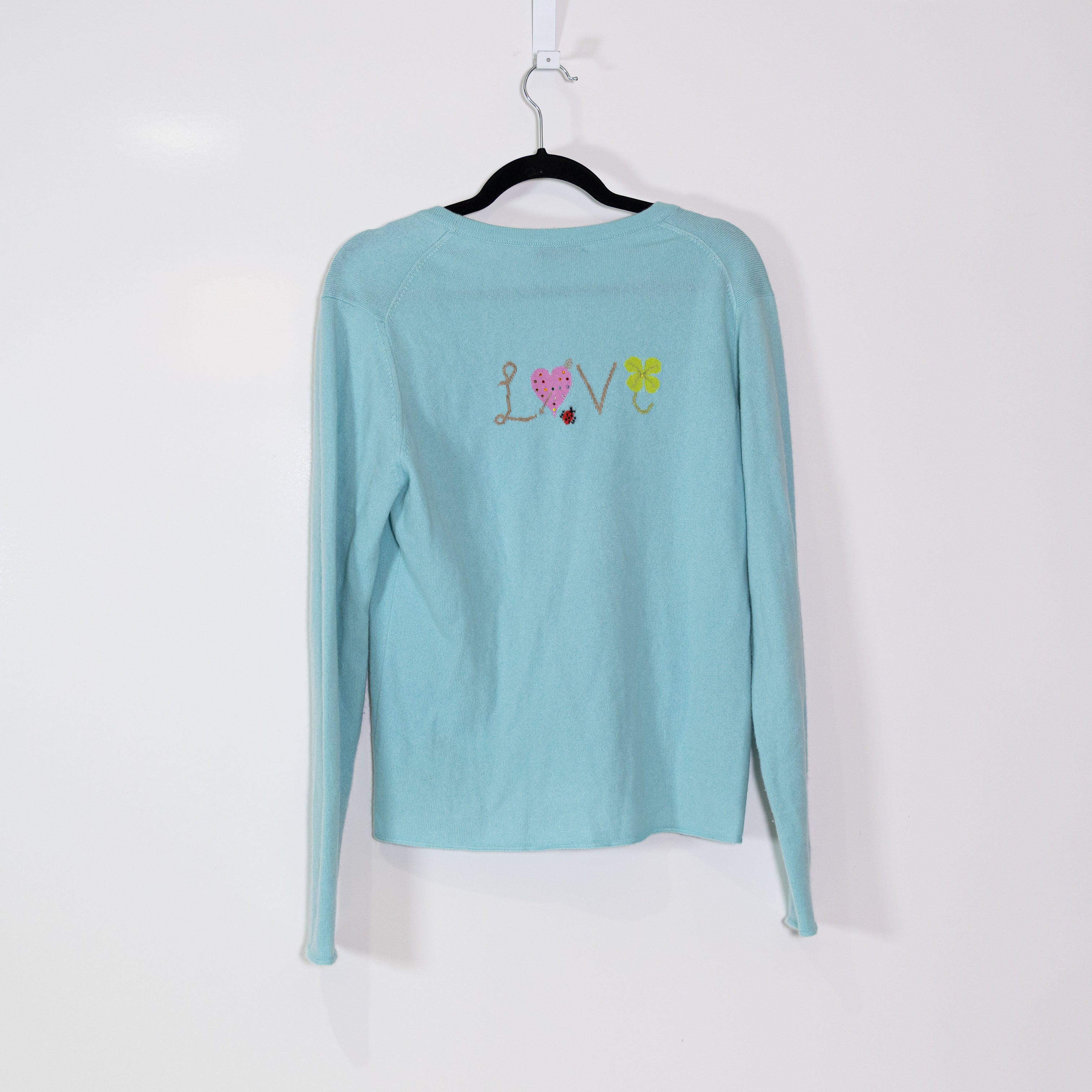 Rue Jacob 100% Cashmere Knit Stretch Love Embroidered Cardigan Sweater Blue S