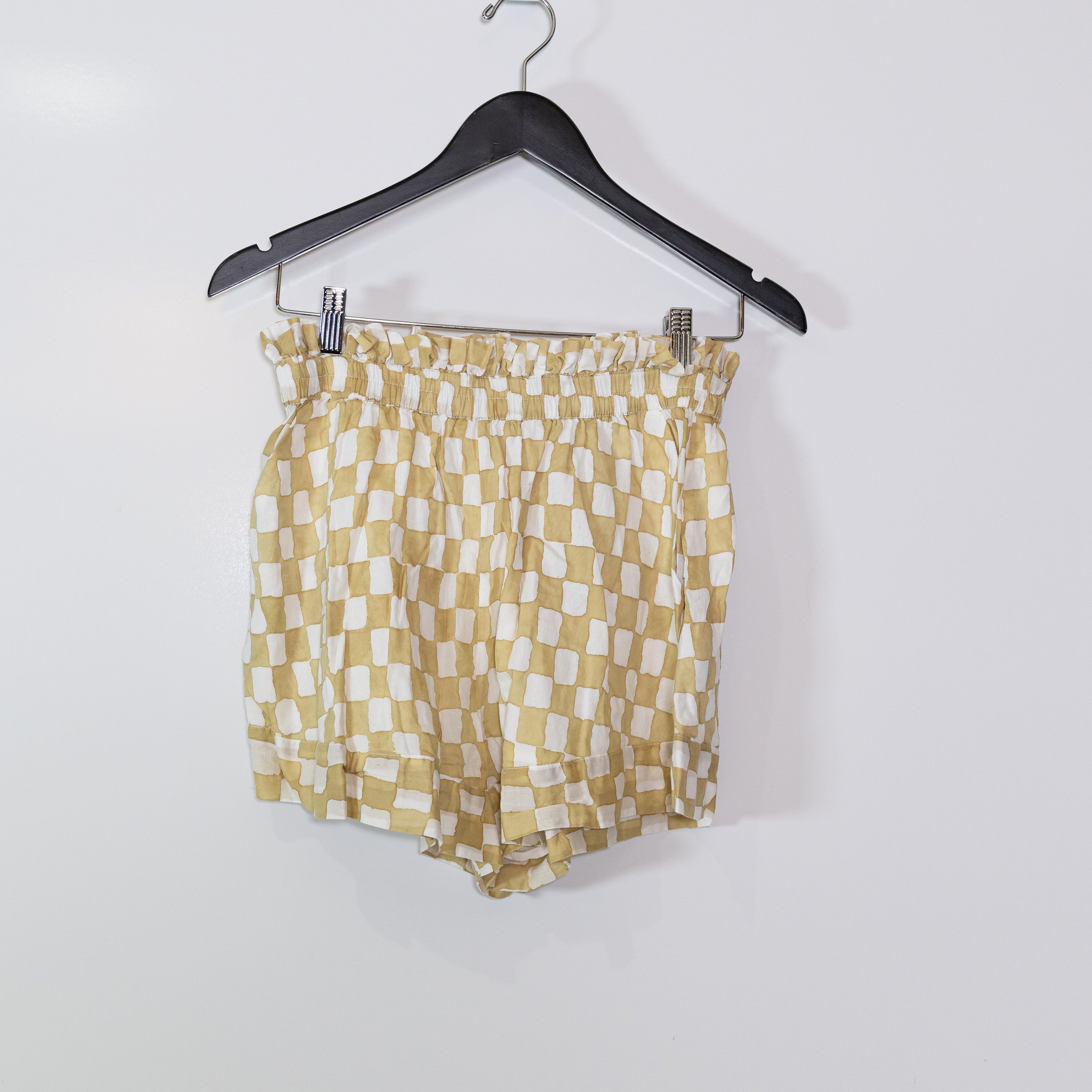 Cleobella Organic Cotton Pull On Checkered Gingham Print Mini Shorts Honey Small