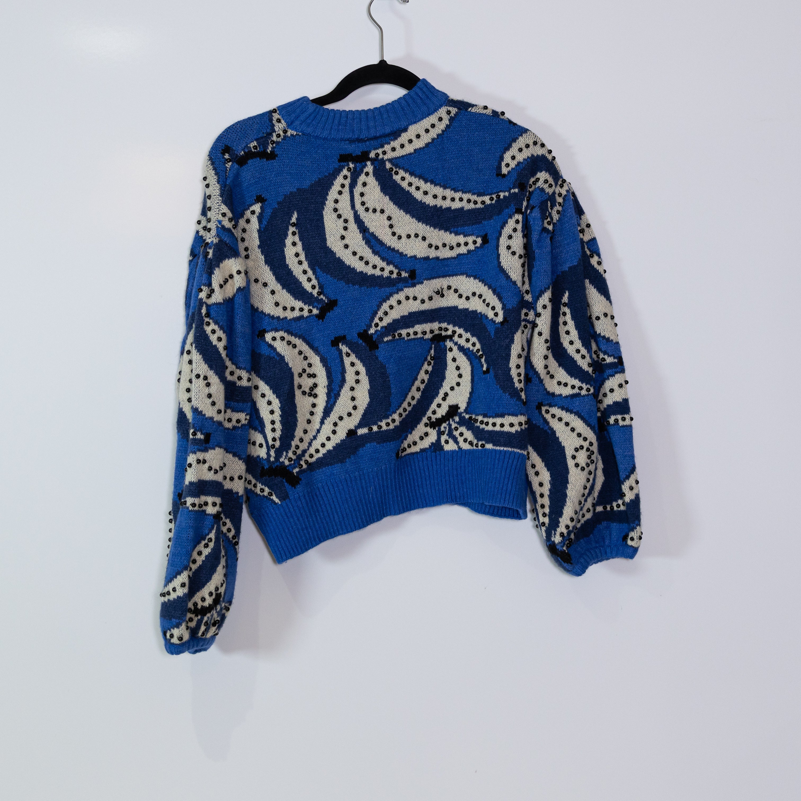 Farm Rio Bananas Fruit Print Pattern Beaded Embellished Crew Neck Sweater Blue M