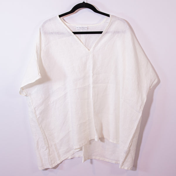 Bryn Walker Linen Weave Lightweight V Neck Short Sleeve Pullover Blouse White L